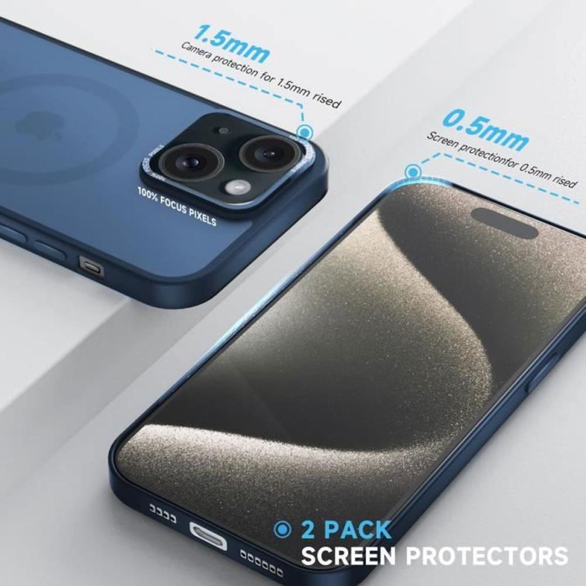 Voir la diapositive 3 : Coque ultra mince bleu marine pour iPhone 15 compatible MagSafe, revêtement doux, protection chutes 10FT et protection verre trempé (2)
