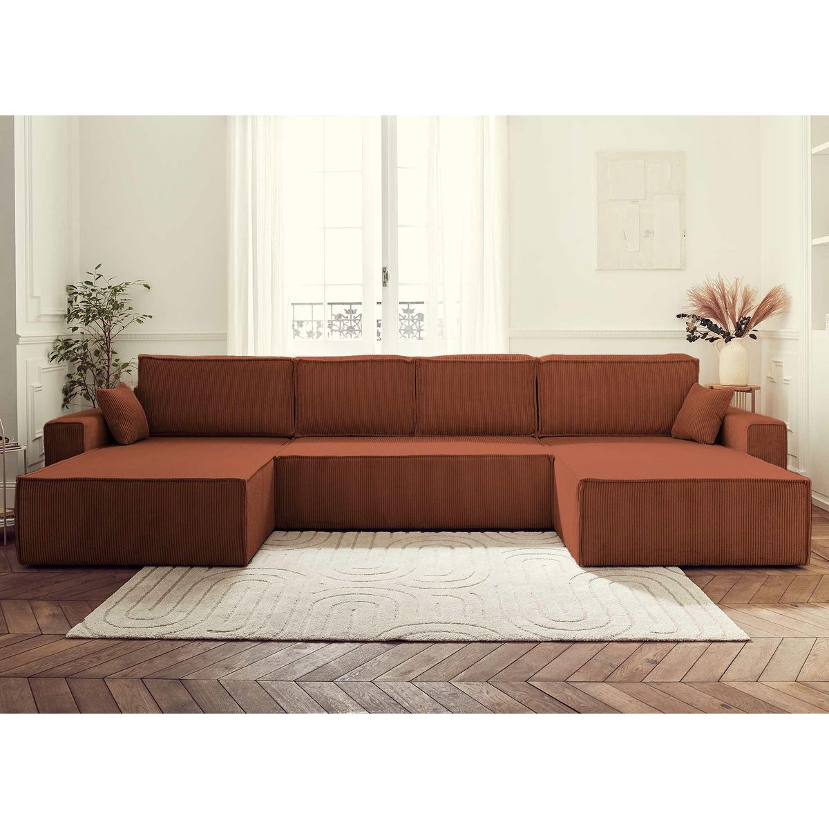 BEST MOBILIER Dellia - canapé panoramique en u - 7 places - convertible - avec coffre - en velours côtelé