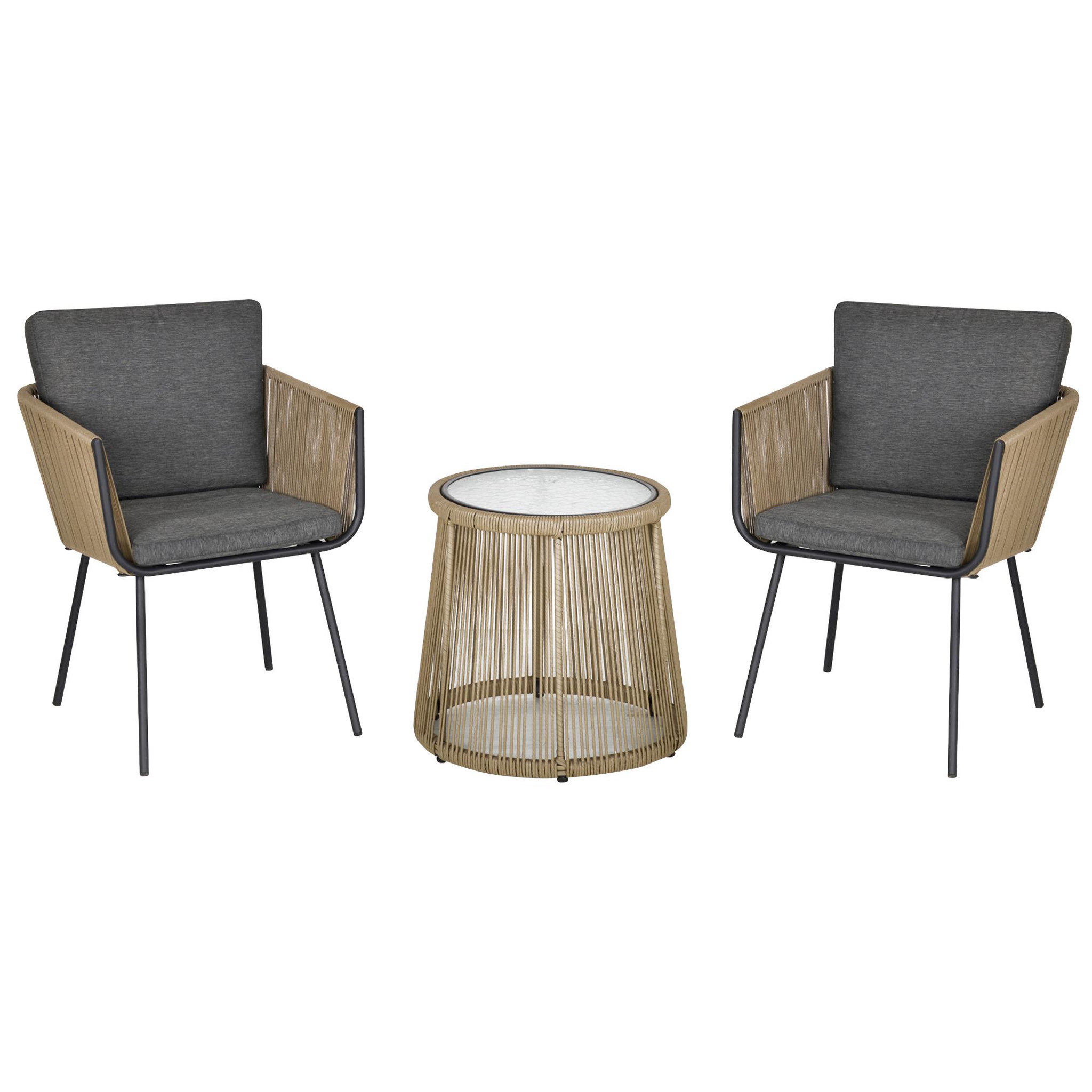 Voir la diapositive 1 : OUTSUNNY Ensemble salon de jardin 3 pièces style colonial 2 fauteuils avec coussins gris + table basse résine filaire beige