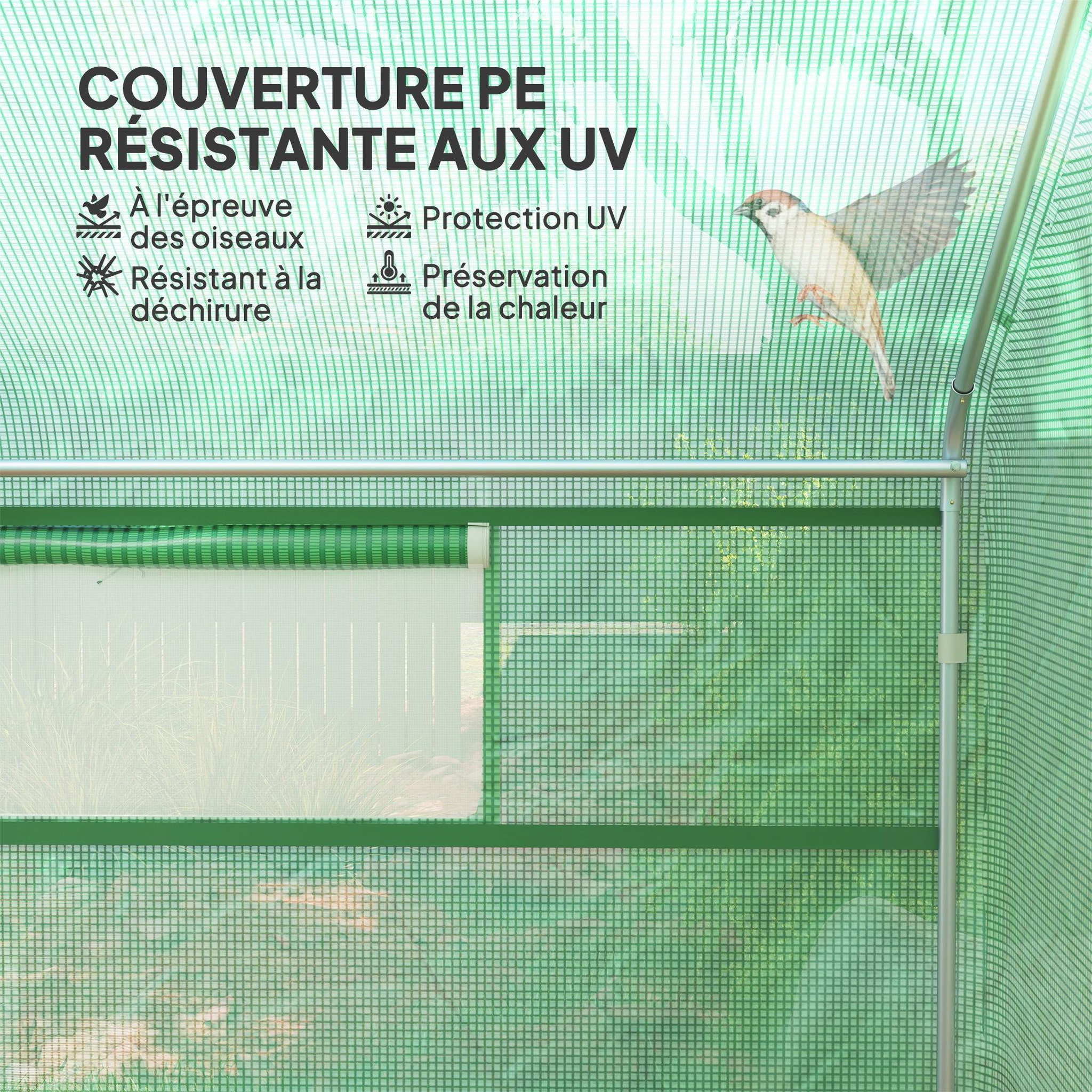 Voir la diapositive 6 : OUTSUNNY Serre de jardin 12 m² - serre tunnel 4 x 3 x 2 m porte 2 grandes fenêtres enroulables maillées acier galvanisé pe blanc