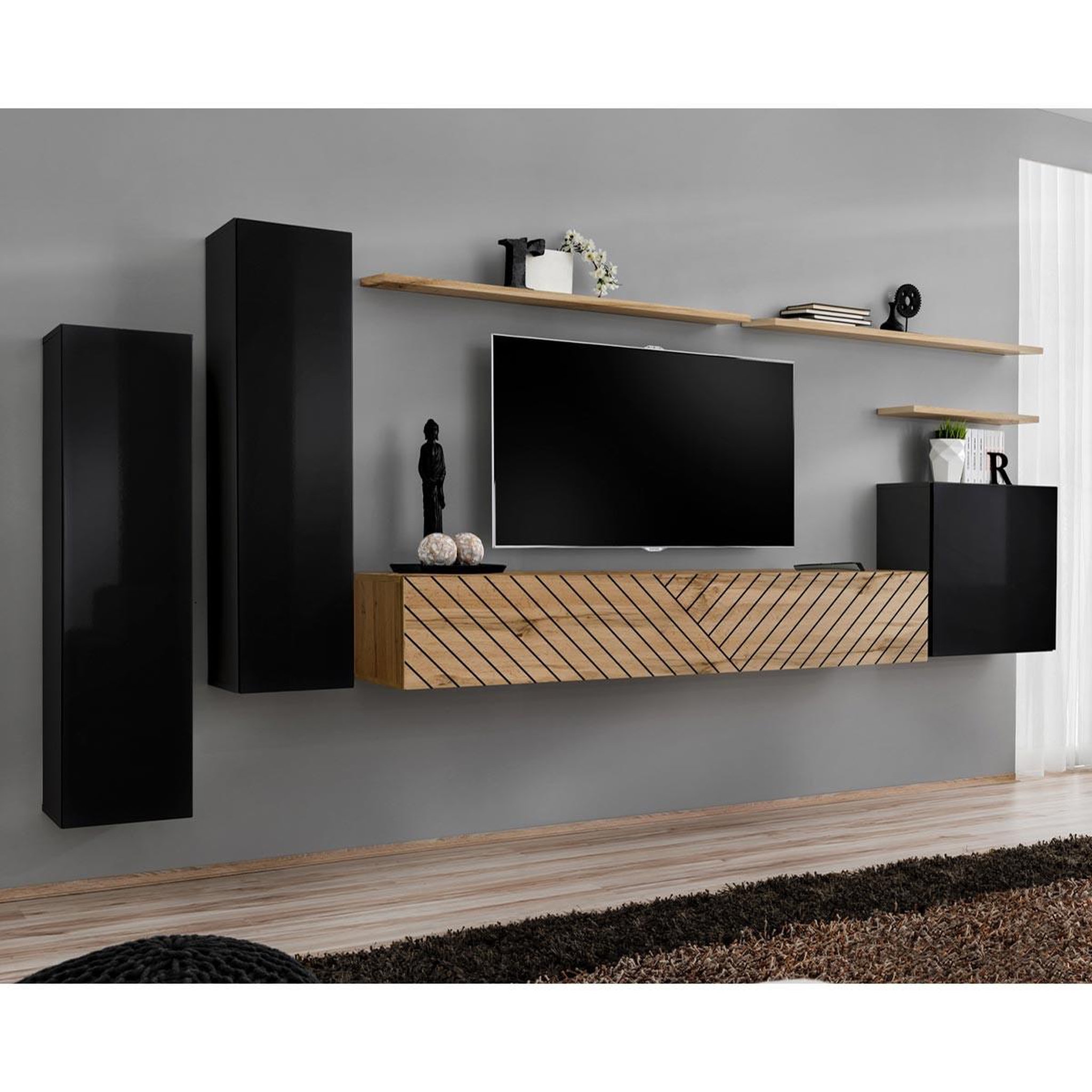 Paris Prix Ensemble meuble tv  switch lamel i  330cm naturel & noir