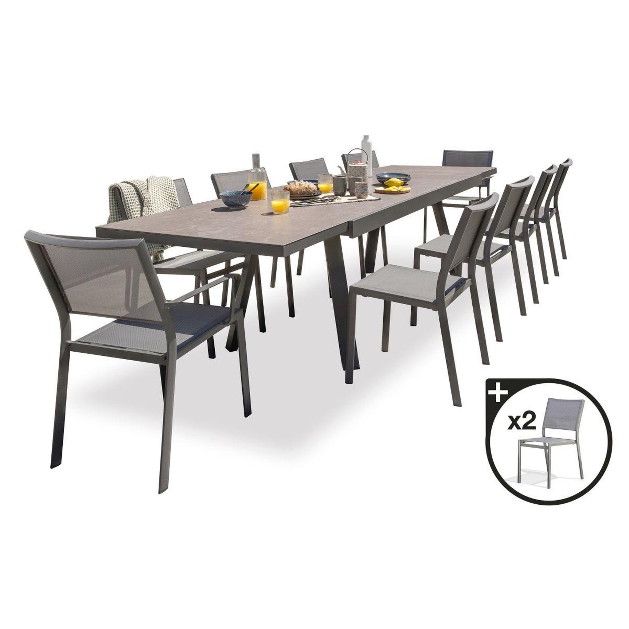DCB GARDEN Ensemble Table de Jardin en Céramique 10 Chaises & 2 Fauteuils  Stockholm  200-300cm Gris Anthracite