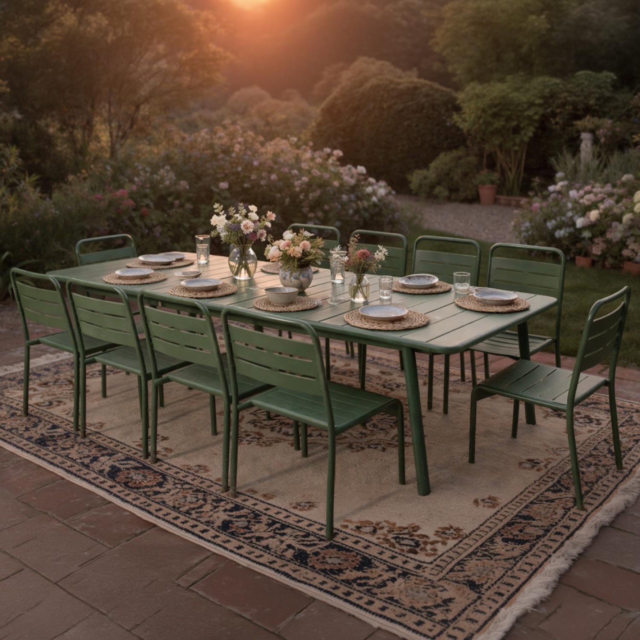 Voir la diapositive 2 : CONCEPT USINE Ensemble table de jardin 234 cm et 10 chaises vert bergame