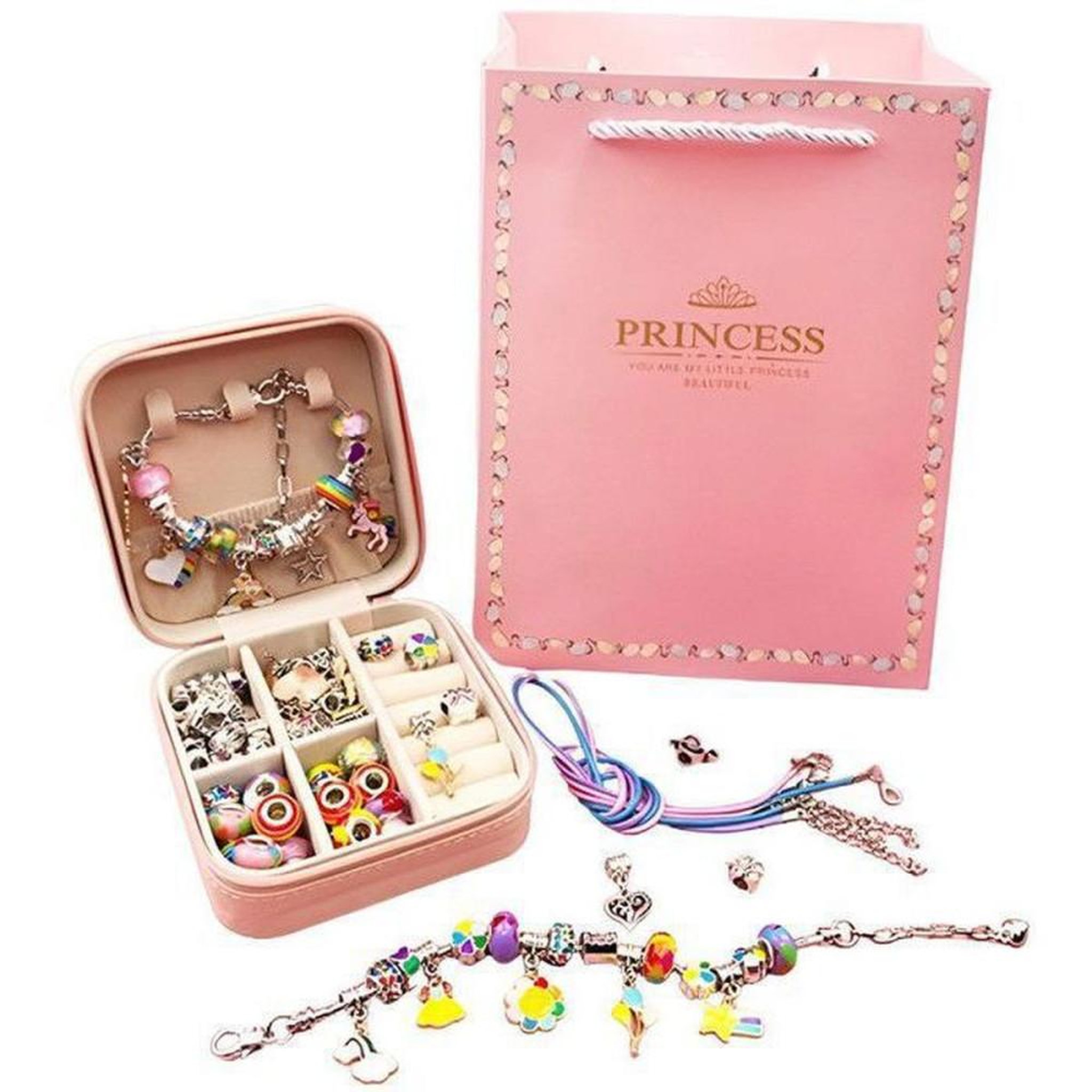 Kit de fabrication de bijoux pour enfants 66 pièces Bracelets et colliers à perles multicolores avec breloques et boîte à bijoux