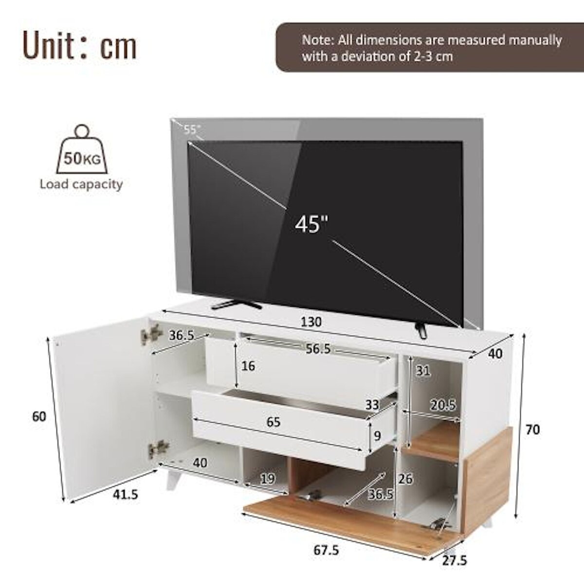MERAX Buffet 2 porte(s) 2 tiroir(s) - 130 cm blanc+naturel panneau de particules