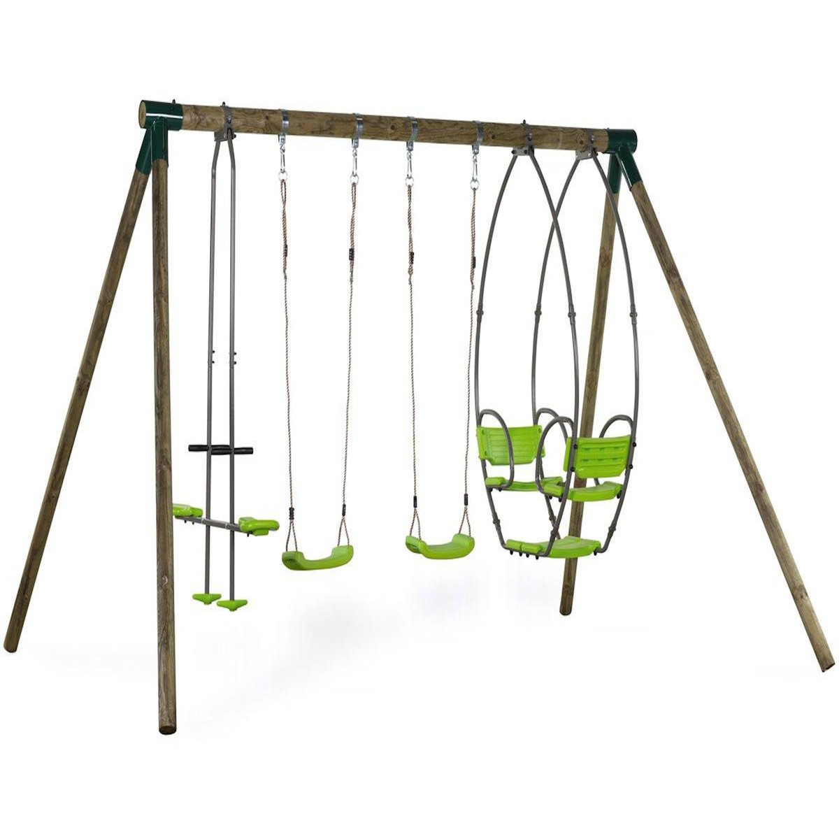 Habitat et Jardin Portique bois  Nelio  - Avec 2 balançoires , 1 vis-à-vis et 1 nacelle.