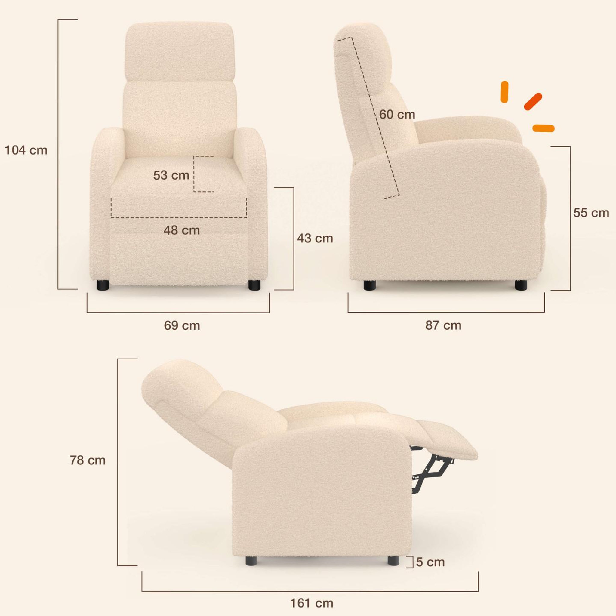 Voir la diapositive 4 : ID MARKET Fauteuil relax caleb en tissu bouclette beige avec dossier inclinable et repose pieds