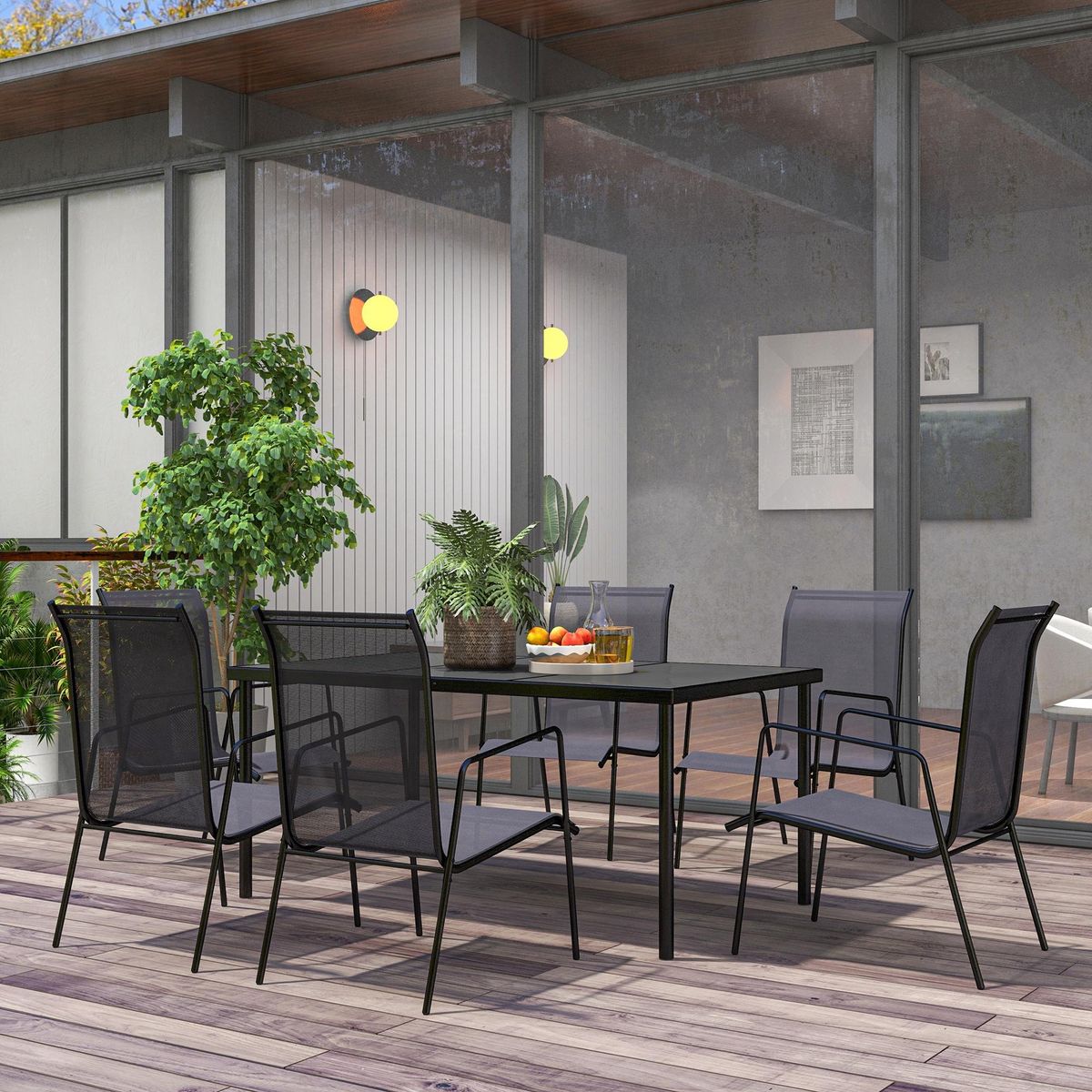 OUTSUNNY Ensemble de jardin 6 pers. 6 chaises empilables table plateau verre trempé 5 mm métal époxy textilène noir