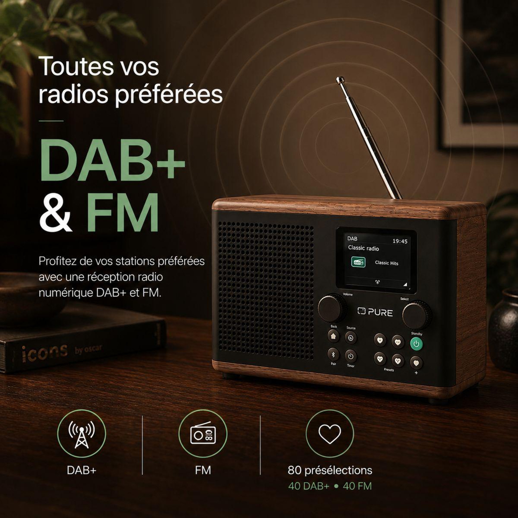 Voir la diapositive 5 : PURE Radio DAB Classic H4 Coffee Black/Walnut