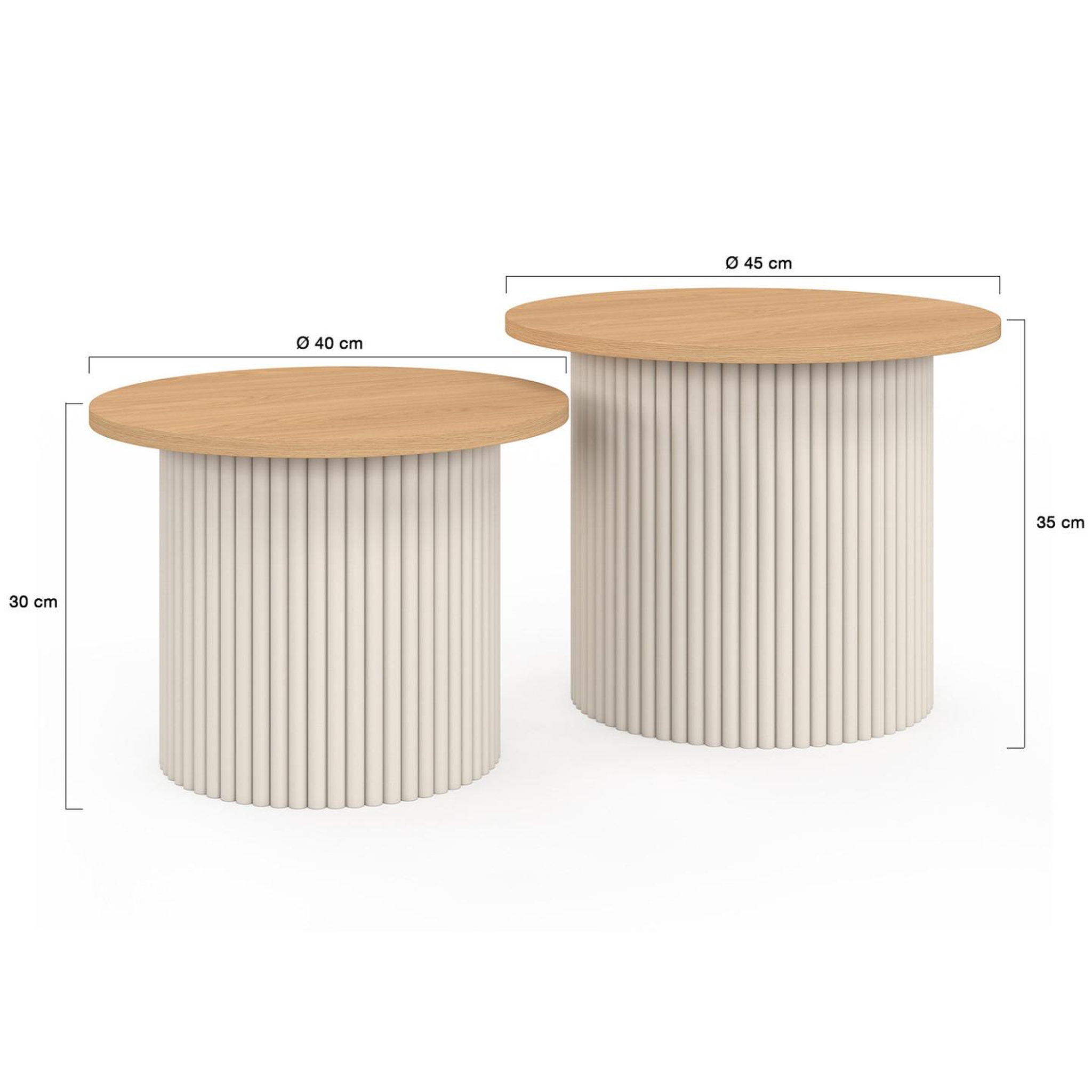 Voir la diapositive 4 : ID MARKET Lot de 2 tables basses gigognes kanel rondes 40/45 effet cannelé beige et plateau bois