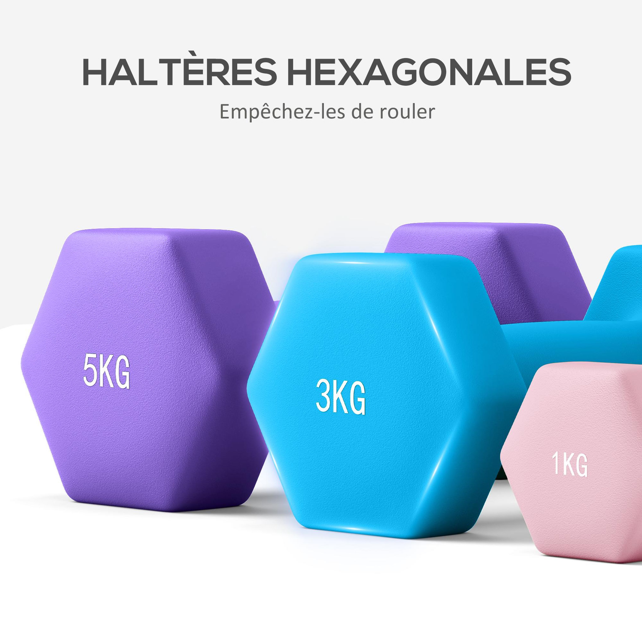 Voir la diapositive 6 : HOMCOM Support noir pour 6 haltères vinyles - 6 haltères incluses total 48 kg - noir rose bleu violet