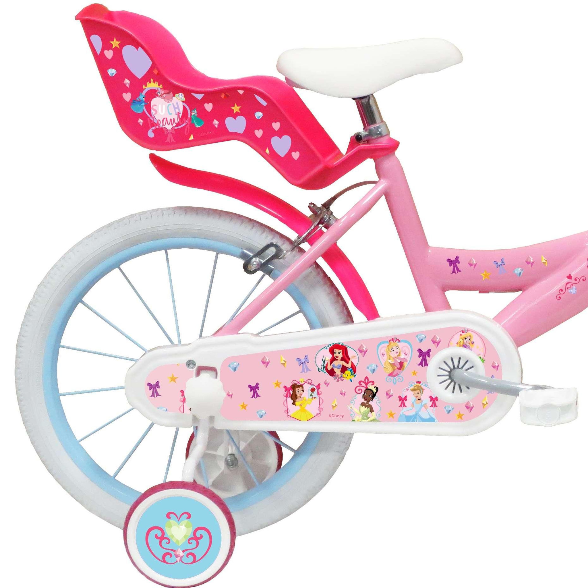 Voir la diapositive 2 : Disney Princesse Vélo enfant - Modèle 16'' Princesse de Disney pour enfant de 105/120 cm avec stabilisateurs - Panier avant - Porte poupée arrière - 2 freins