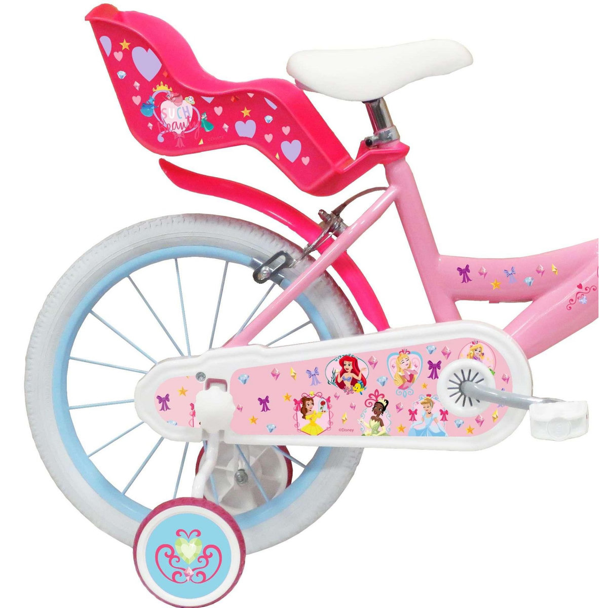 Disney Princesse Vélo enfant - Modèle 16'' Princesse de Disney pour enfant de 105/120 cm avec stabilisateurs - Panier avant - Porte poupée arrière - 2 freins