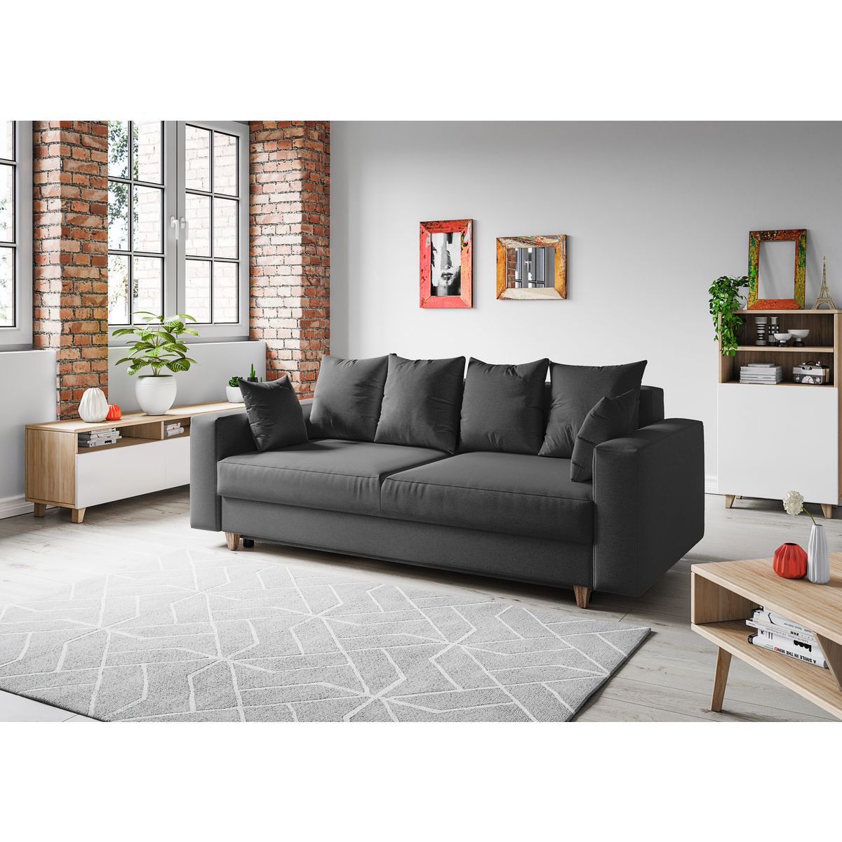Canapé droit convertible 3 Places avec coffre OLIVIA  tissu gris foncé