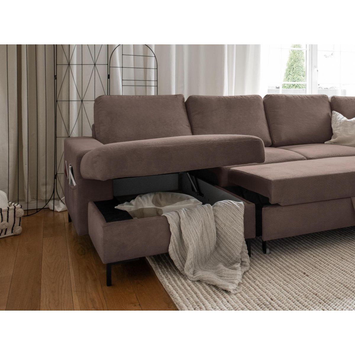 BEST MOBILIER Lilly - canapé panoramique d'angle droit - 7 places - convertible avec coffre - en velours côtelé