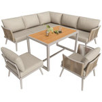 MERAX Salon de jardin repas 7 places en métal avec table, canapé d'angle et fauteuils. Coloris disponibles : Gris, Beige