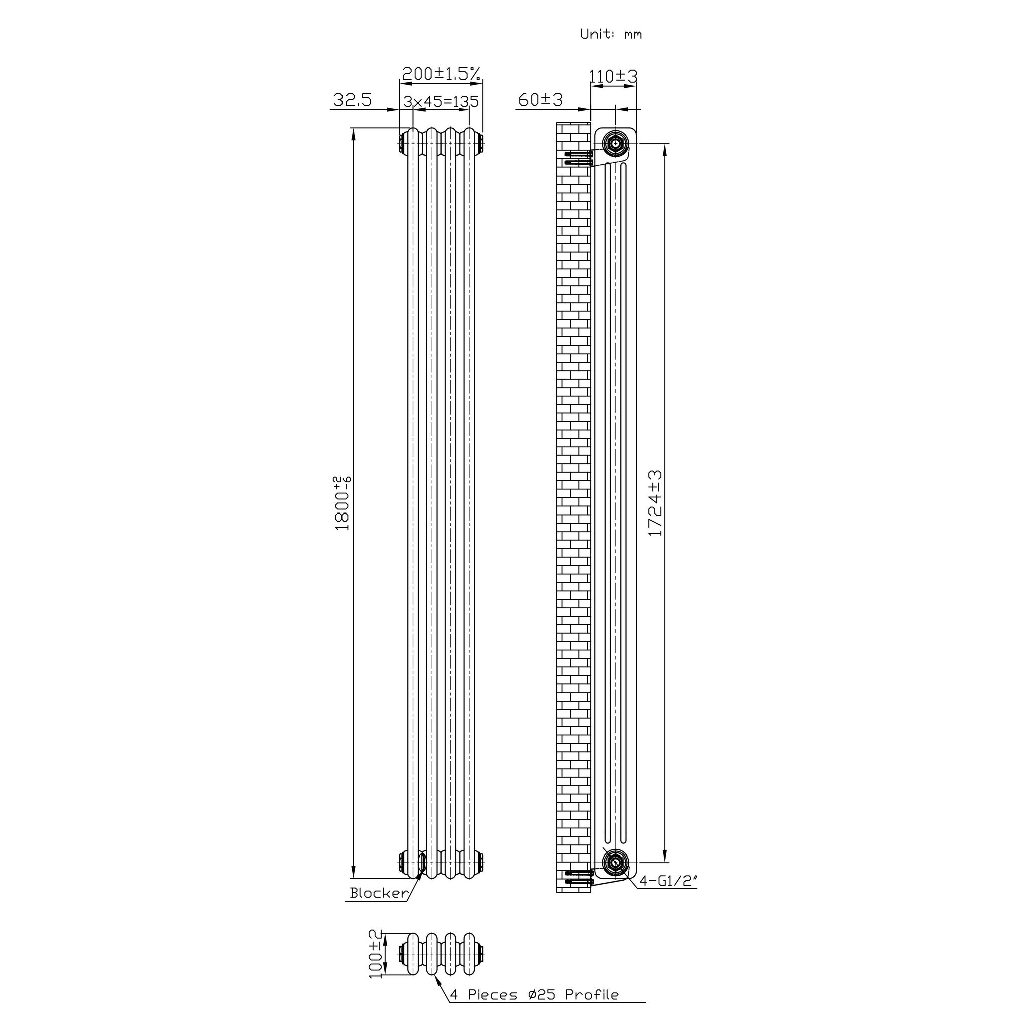 Voir la diapositive 5 : MONSTERSHOP Radiateur traditionnel à 3 colonnes & vannes - 1800 x 200 mm - métal brut