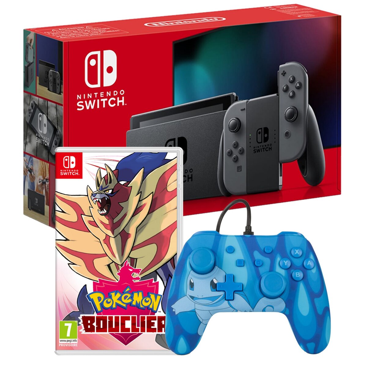 NINTENDO Console Nintendo Switch Joy-Con Gris + Pokémon Bouclier + Manette Filaire Carapuce Nintendo Switch
