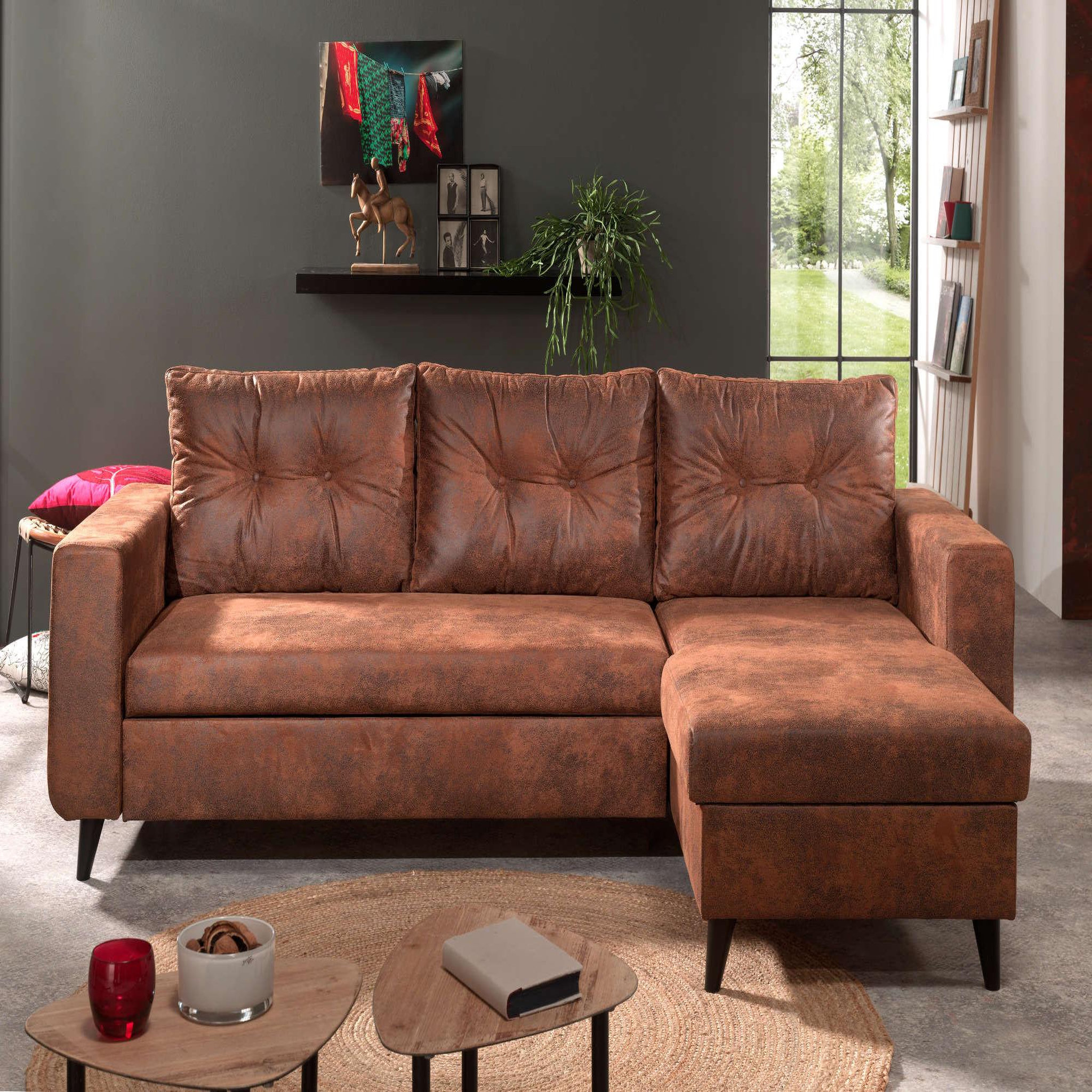 Voir la diapositive 2 : BEST MOBILIER Nordic - canapé d'angle réversible - 4 places - convertible - industriel vintage