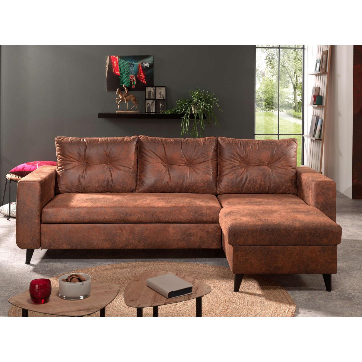 BEST MOBILIER Nordic - canapé d'angle réversible - 4 places - convertible - industriel vintage