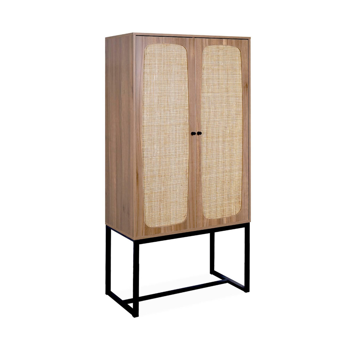 SWEEEK Buffet rétro décor bois foncé et cannage 2 portes avec pieds en métal noir H165cm