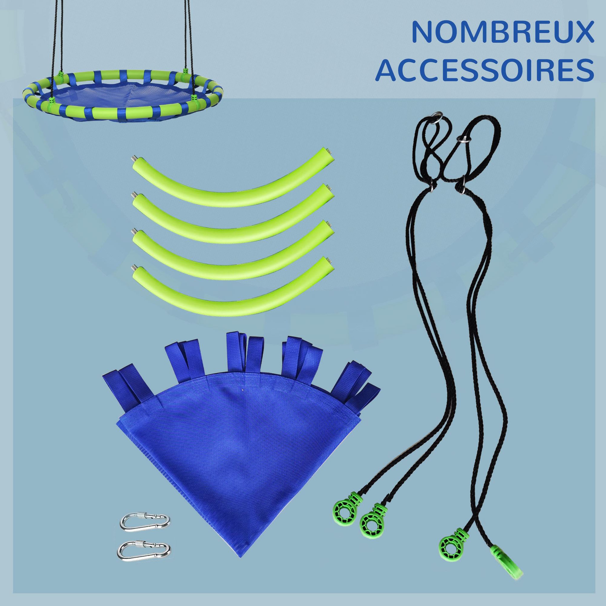 Voir la diapositive 4 : OUTSUNNY Balançoire nid d'oiseau ronde balançoire panier Ø 100 x 120-180H cm accessoires inclus bleu vert