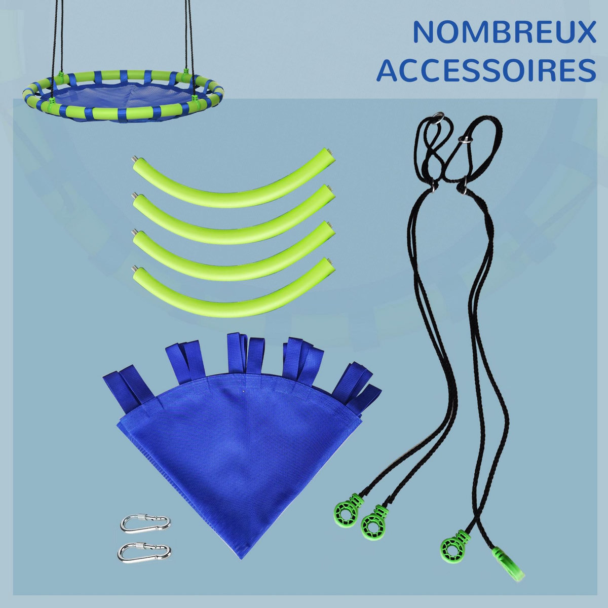 OUTSUNNY Balançoire nid d'oiseau ronde balançoire panier Ø 100 x 120-180H cm accessoires inclus bleu vert