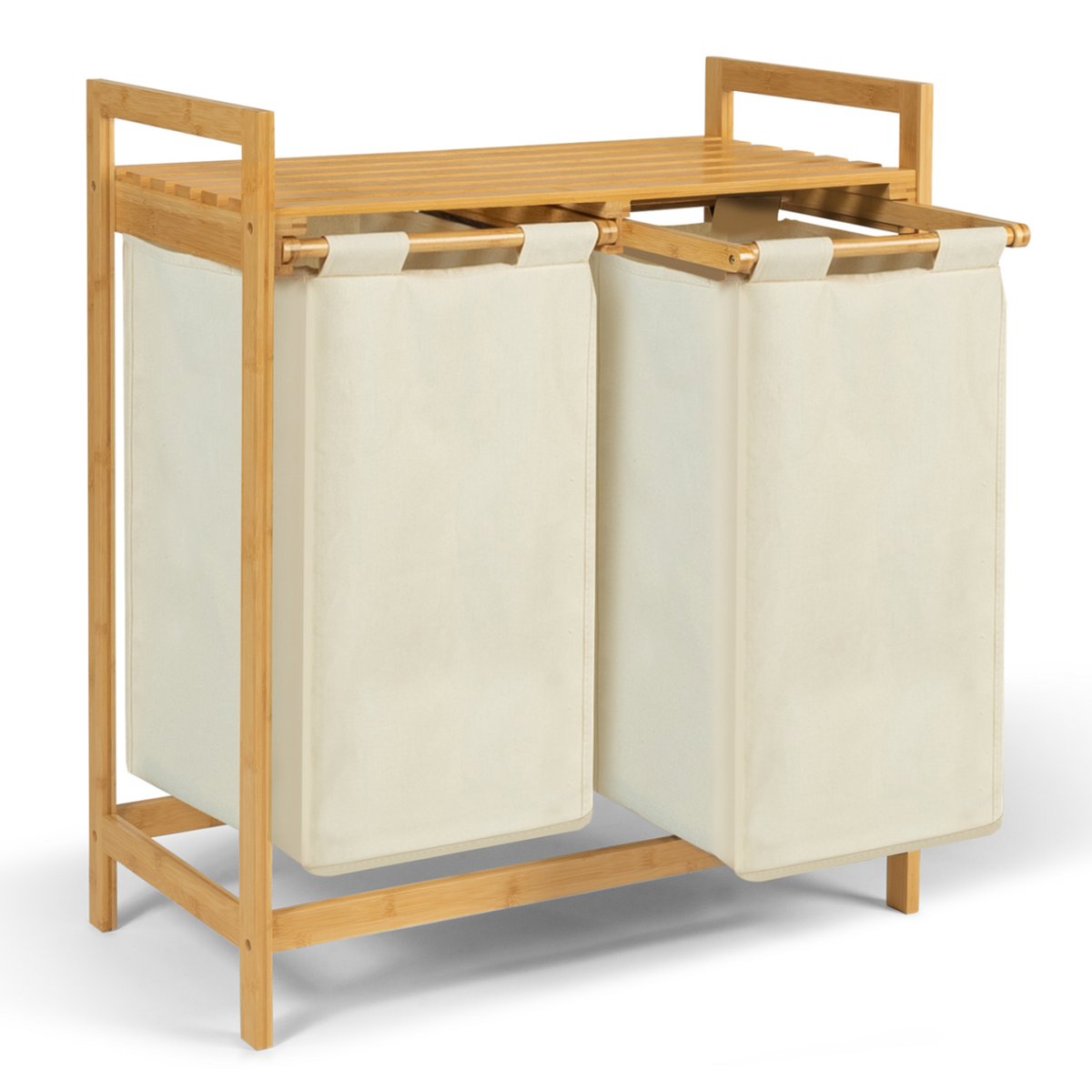 ID MARKET Panier à linge 2 bacs bambou BEA tissu écru