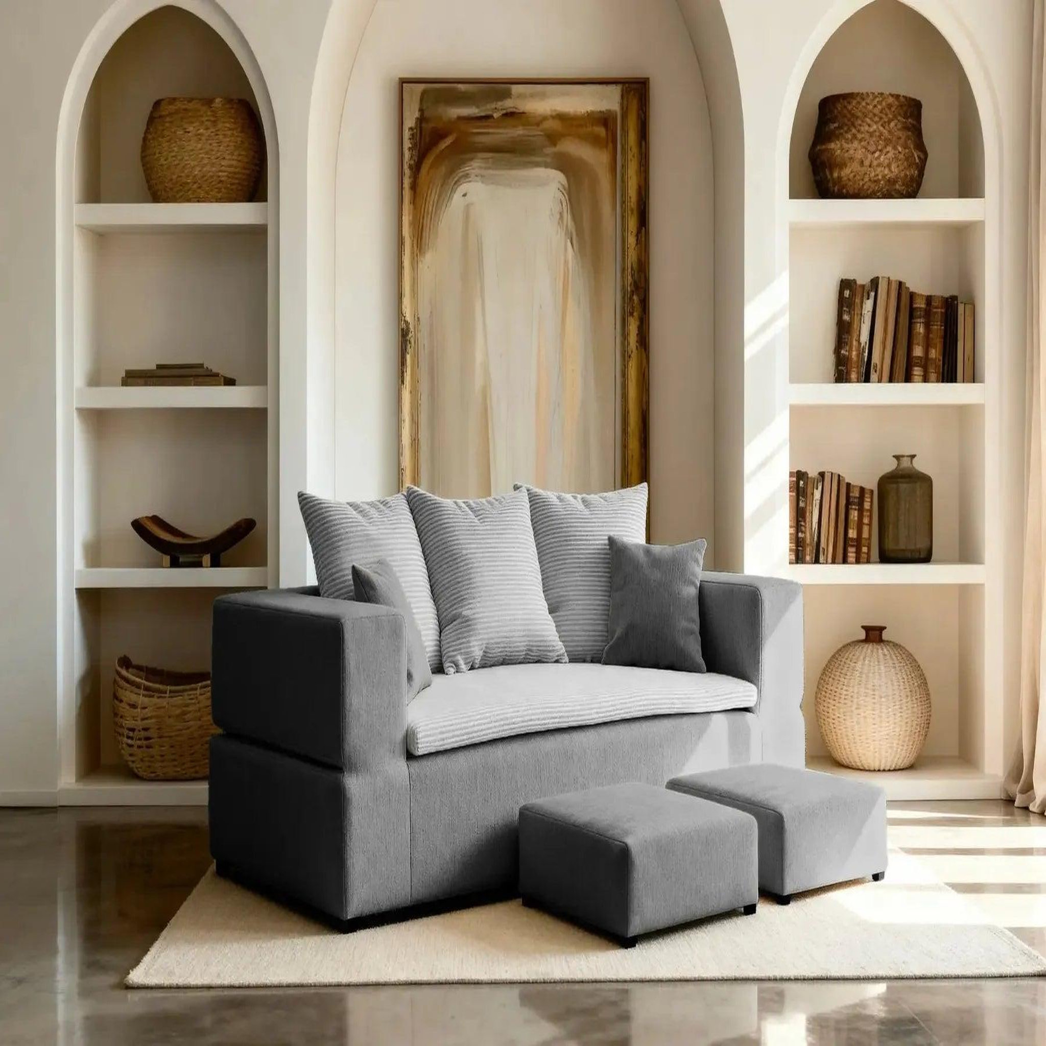 Voir la diapositive 3 : CASANOVA PARIS Ambre - canapé droit convertible bi matière avec deux poufs