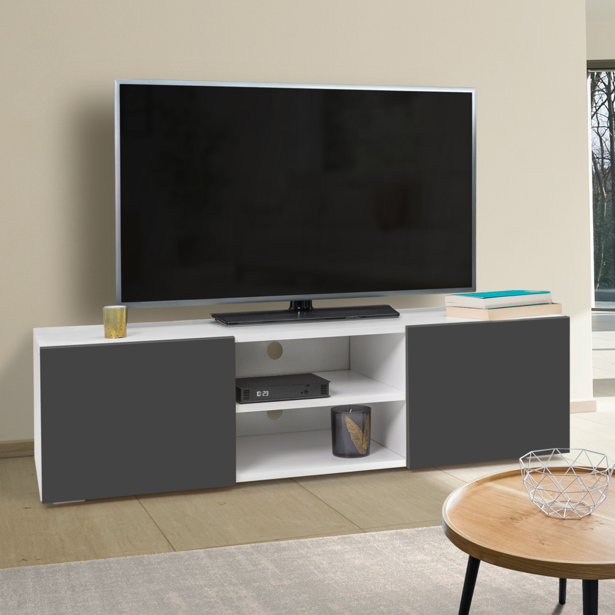 ID MARKET Meuble TV 113 cm ELI blanc portes gris anthracite