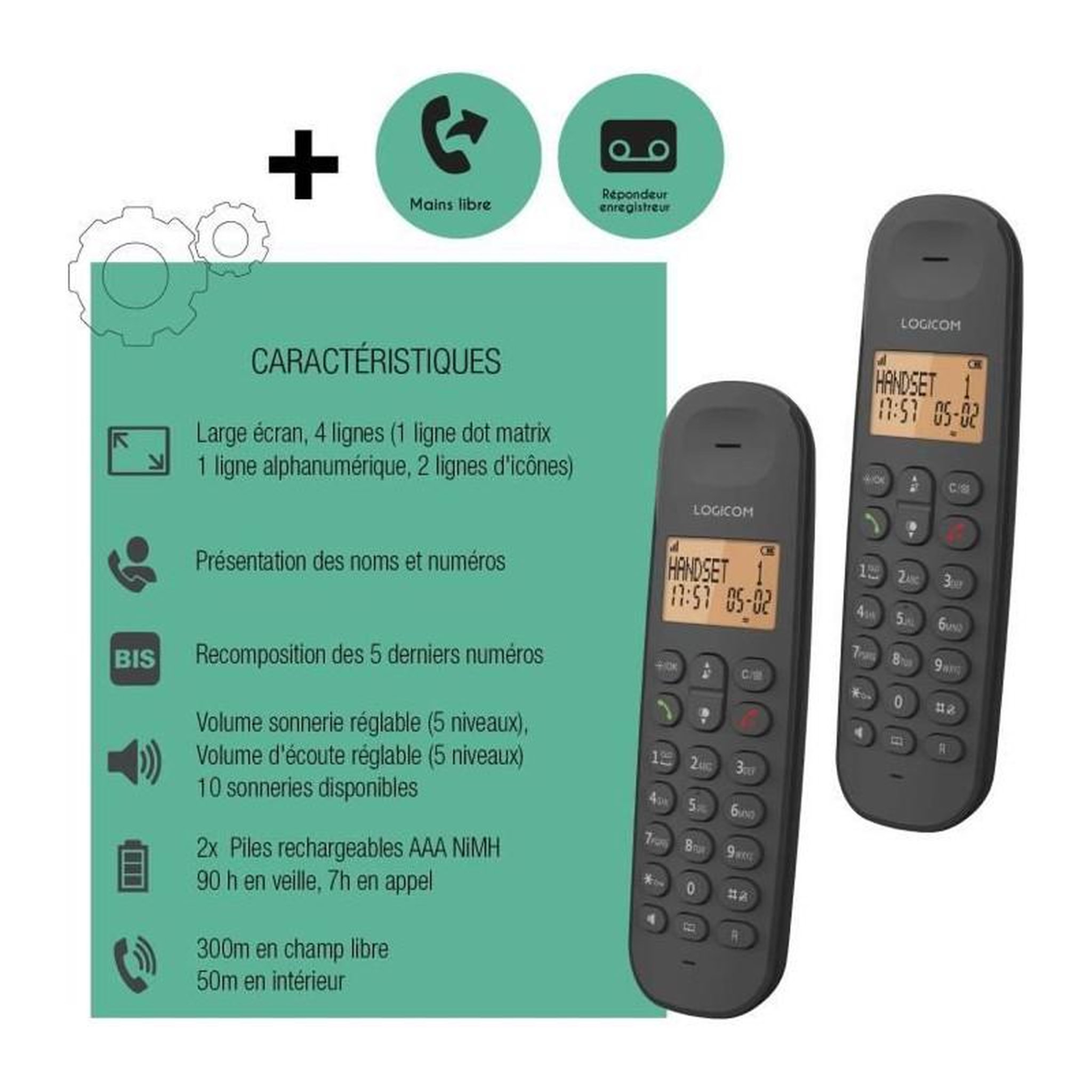 Voir la diapositive 6 : Logicom Téléphone fixe sans fil - LOGICOM - DECT ILOA 255T DUO - Noir - Avec répondeur