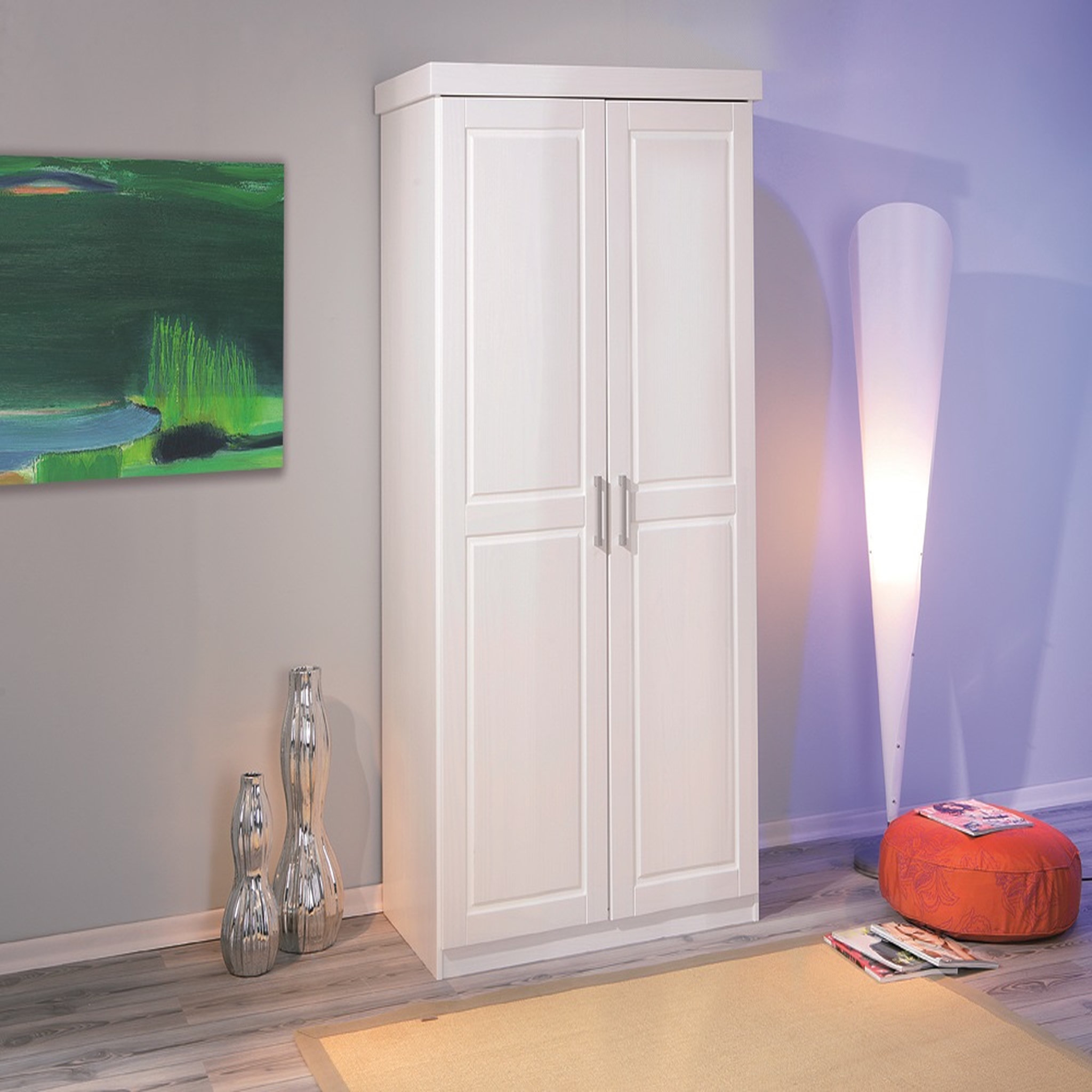 Voir la diapositive 5 : Armoire de chambre 2 portes avec penderie en pin massif blanc ULLI
