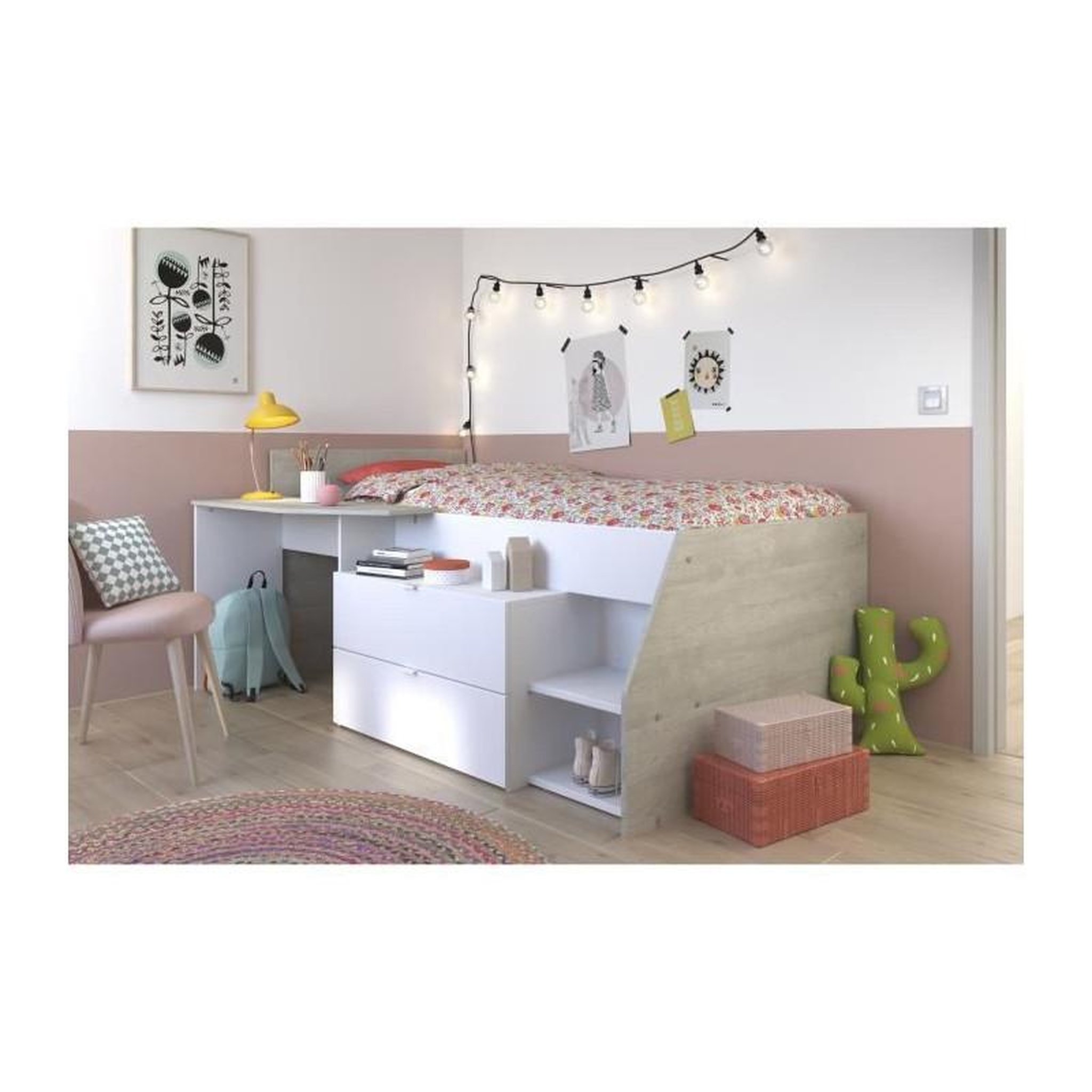 Voir la diapositive 2 : PARISOT KIM Lit combine enfant contemporain decor chene silex et blanc - l 90 x L 190 ou 200 cm