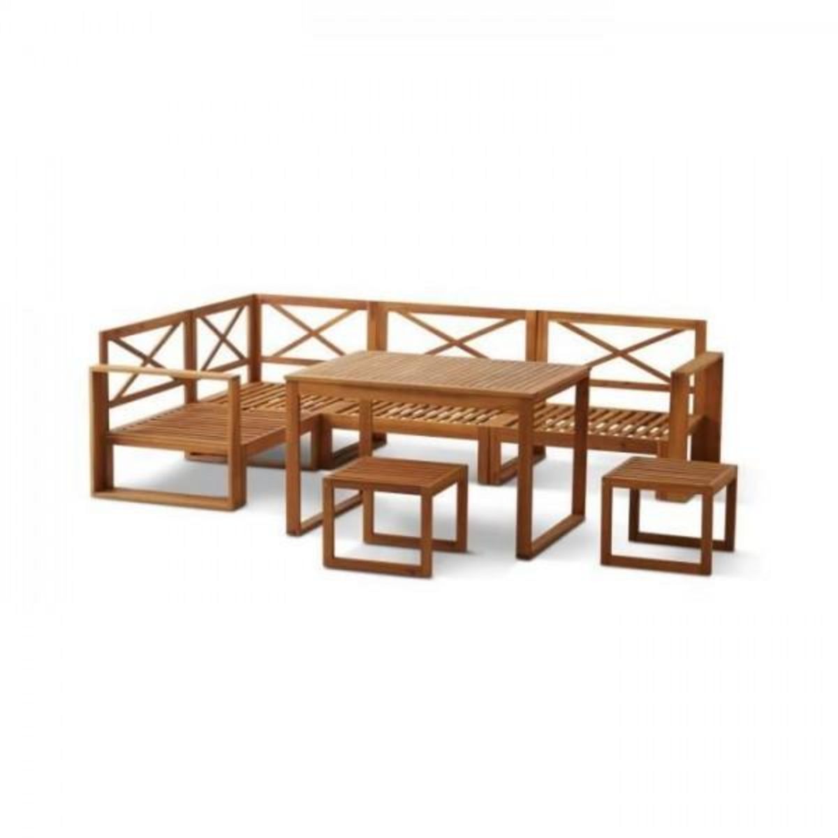 BOCARNEA Salon de jardin en bois d'Acacia FSC avec coussins + housse de protection - 7 personnes - LEVATA - Gris