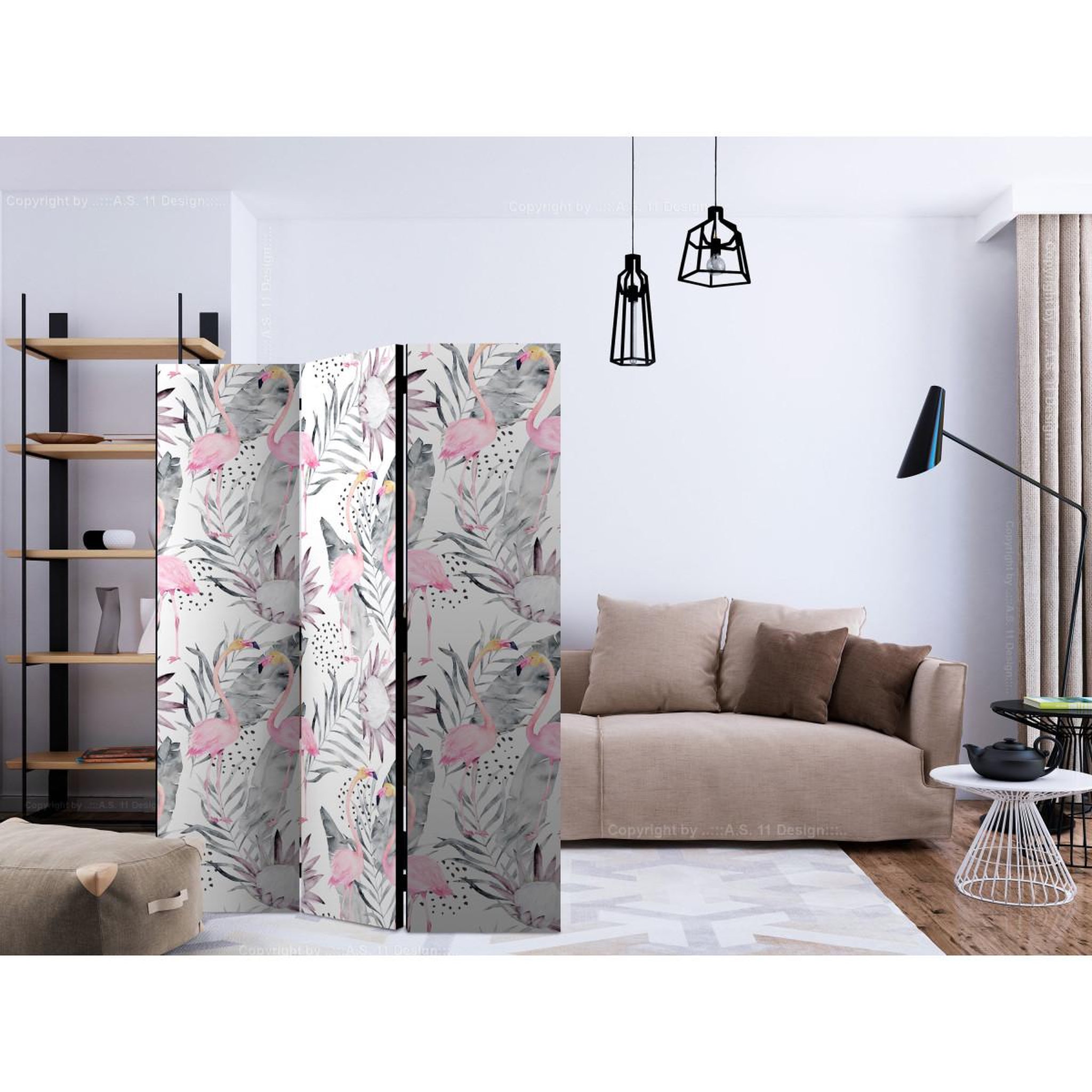 Voir la diapositive 2 : Paris Prix Paravent 3 volets  flamingos & twigs  135x172cm