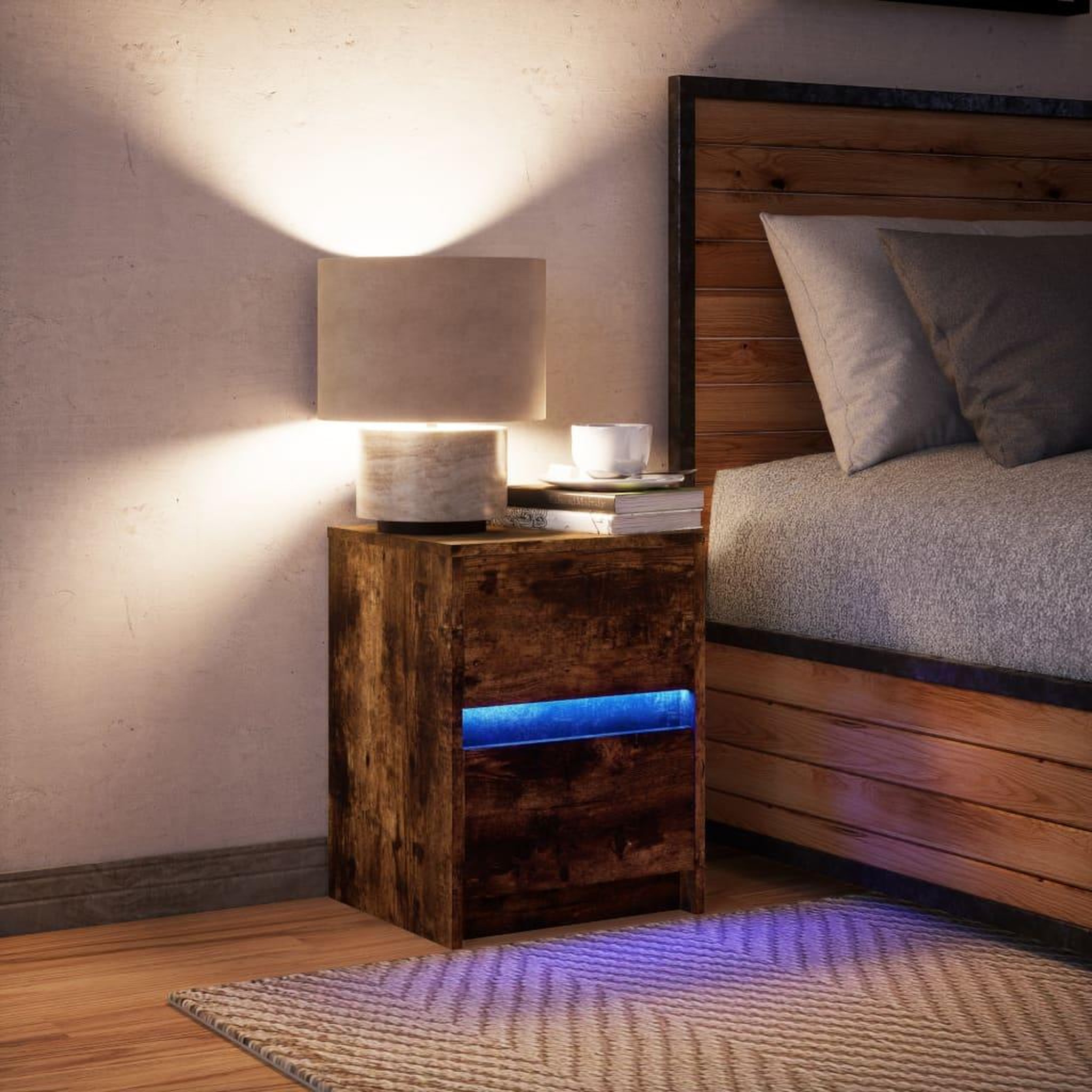 Voir la diapositive 5 : VIDAXL Armoire de chevet et lumieres LED chene fume bois d'ingenierie