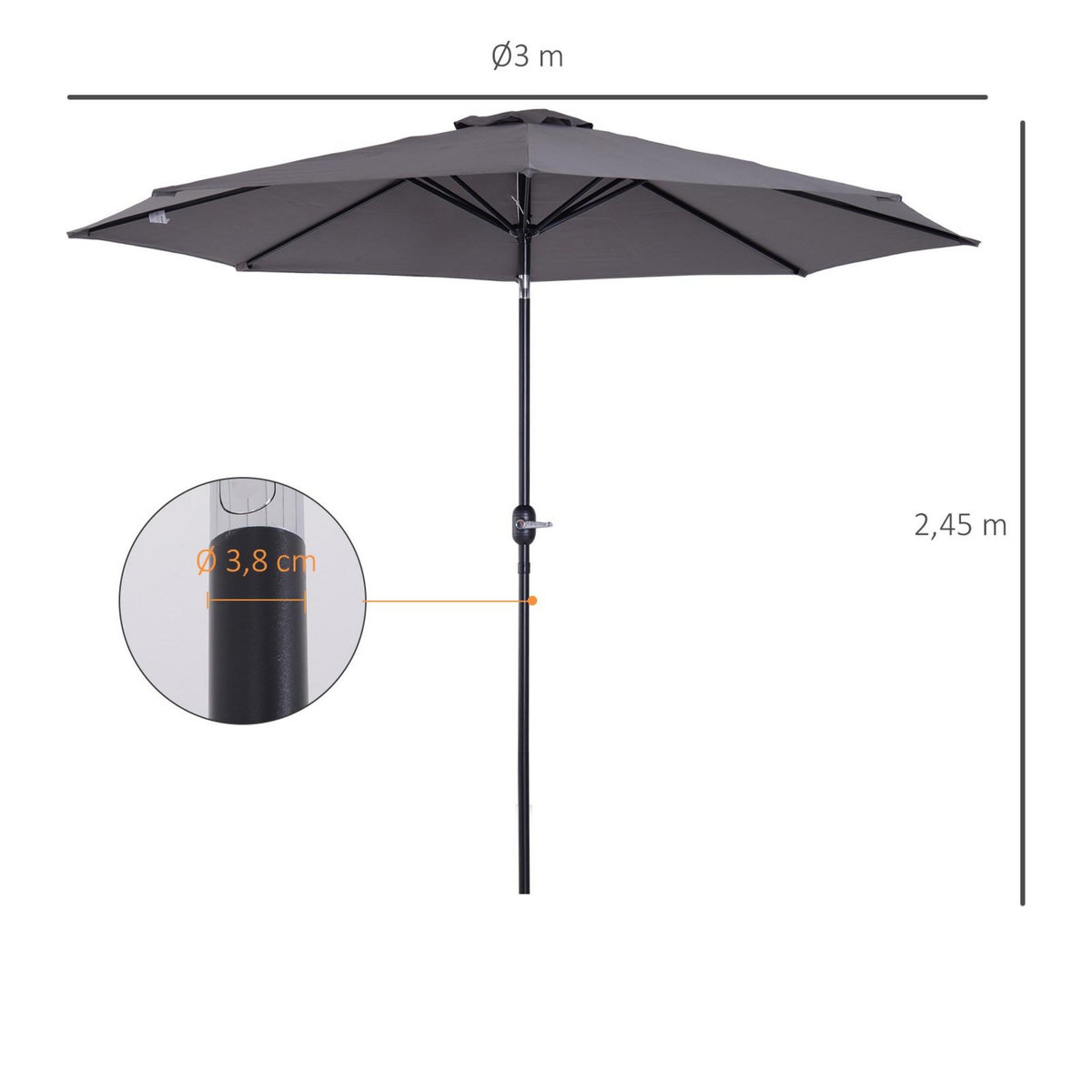 OUTSUNNY Parasol en métal rond polyester 180g/m² manivelle inclinable Ø 3 x 2,45 m gris