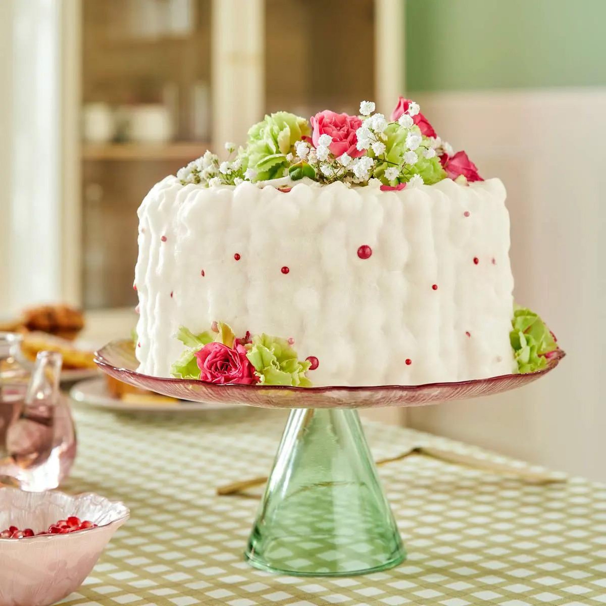 Voir la diapositive 2 : SECRET DE GOURMET Présentoir à gâteaux en verre  fleur  28cm rose & vert