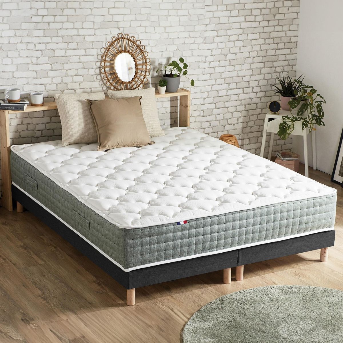 IDLITERIE Ensemble matelas Ressort 7 zones HYGGE + Sommier + couette + oreillers Fabriqué en France