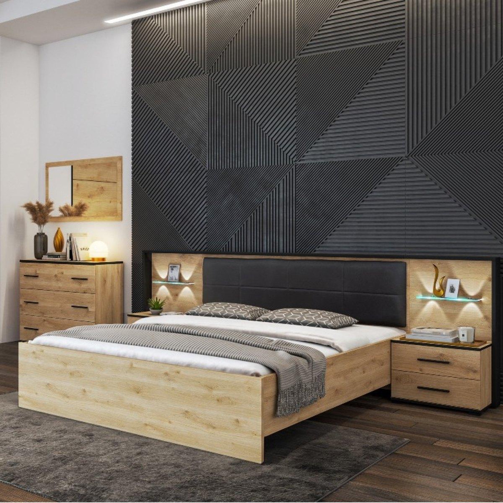 Voir la diapositive 3 : JLC KREATION Lit moderne en bois avec led 160x200cm amelia