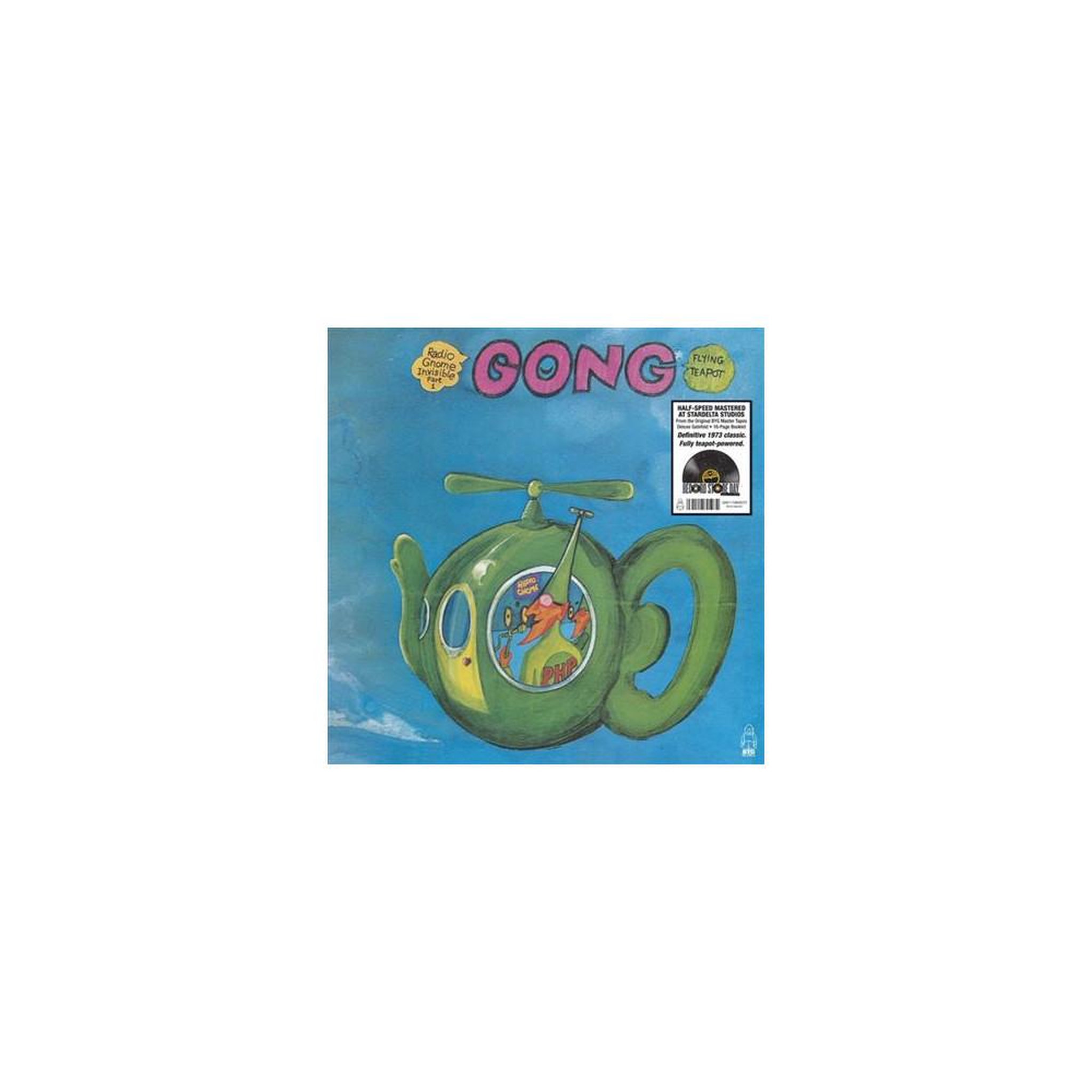 Album vinyle gong flying teapot édition deluxe rsd 2026, remaster half-speed sur vinyle transparent 180 g, pochette gatefold, livret 16 pages, illustrations d'archives