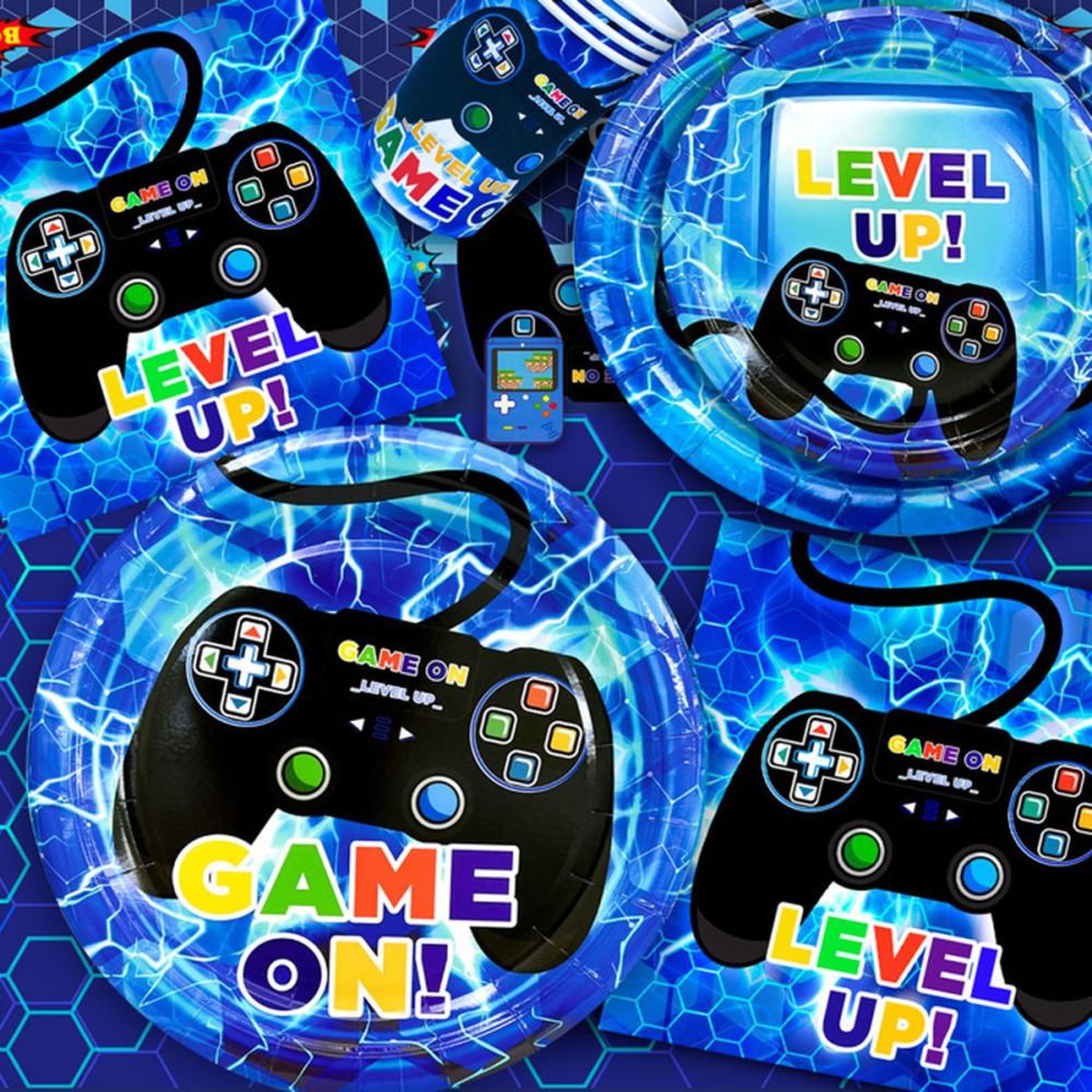 Voir la diapositive 4 : Kit déco anniversaire jeux vidéo : bannière tissu, nappe, assiettes et gobelets, ballons aluminium, stickers et décorations gâteau