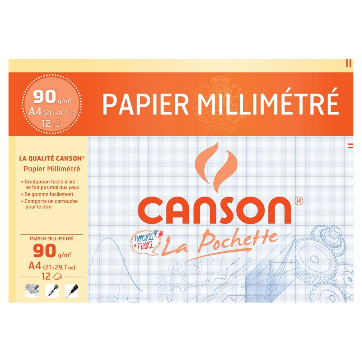CANSON Pochette papier millimétré 12 feuilles A4 90g/m2 bleu