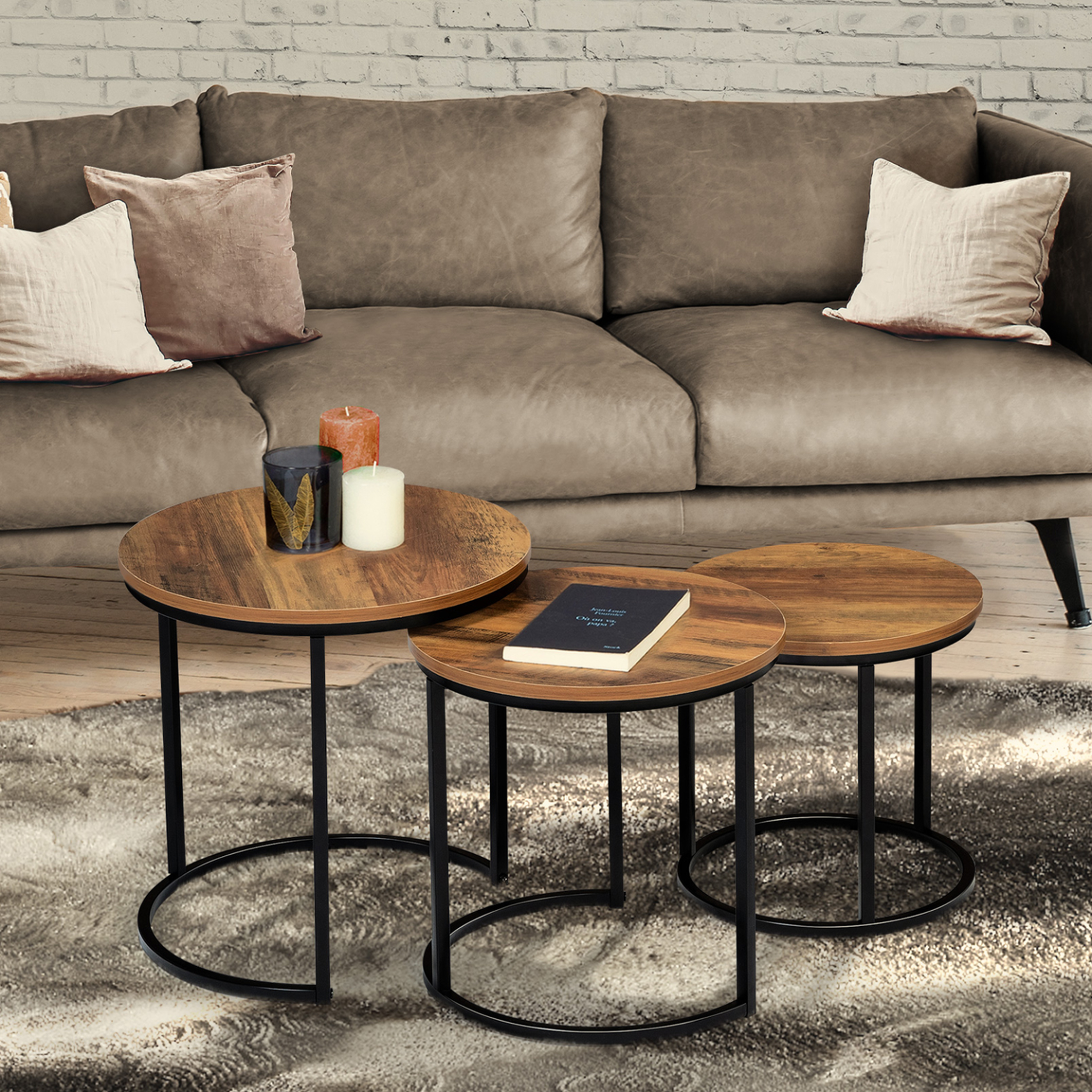 Voir la diapositive 2 : ID MARKET Lot de 3 tables basses gigognes hawkins rondes 30/40/45 bois foncé design industriel