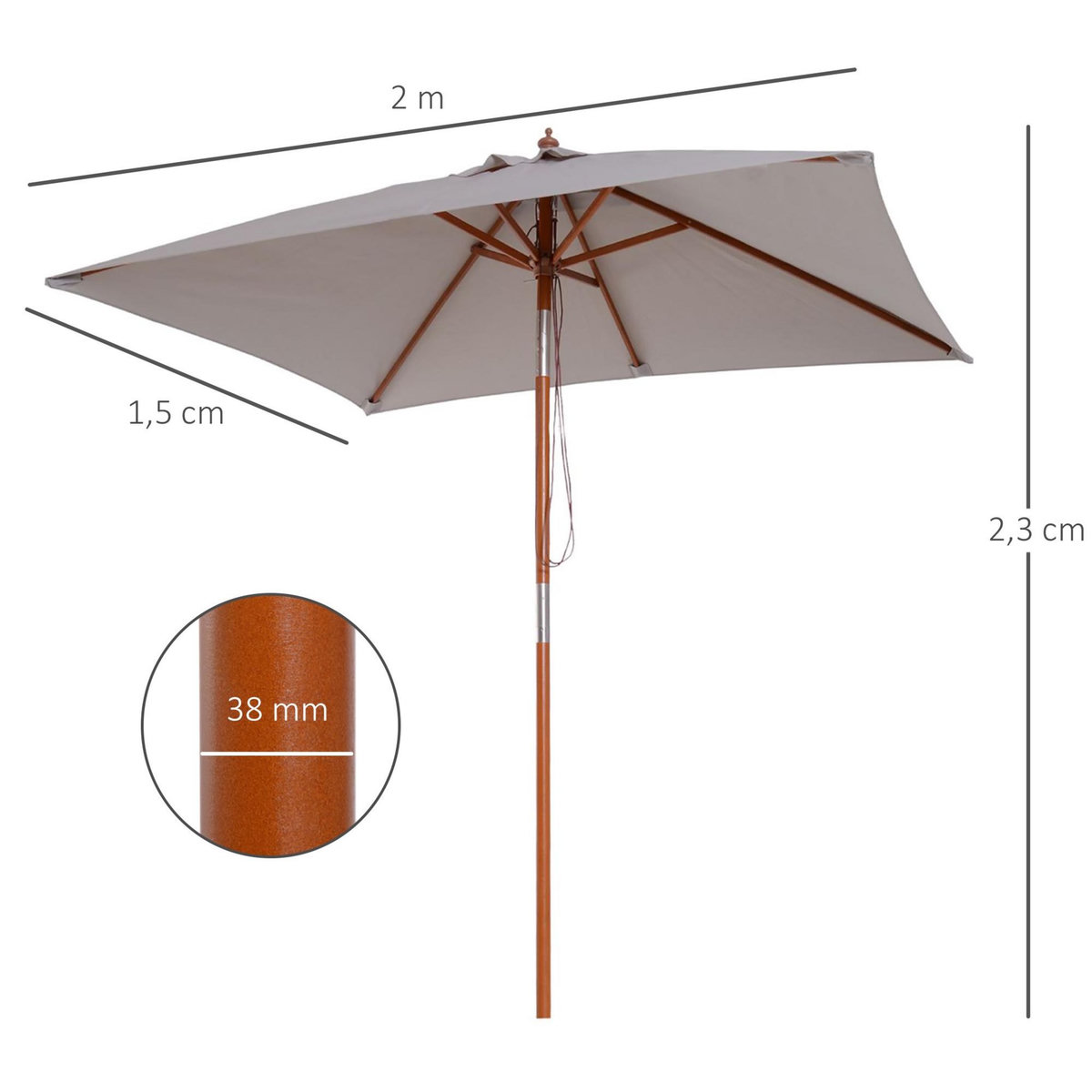 OUTSUNNY Parasol rectangulaire inclinable bois polyester haute densité 2L x 1,5l x 2,3H m gris clair