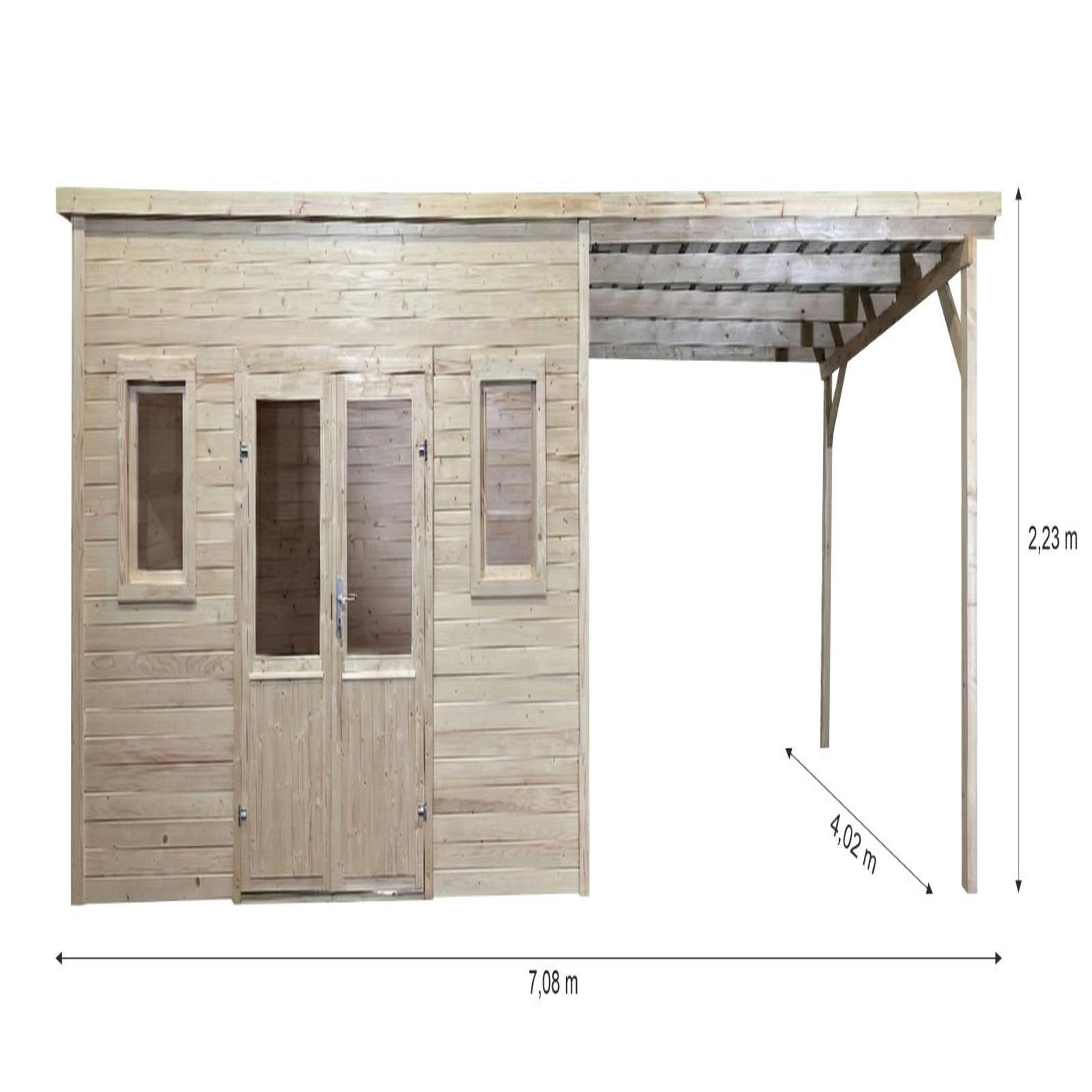 CENTRALE BRICO Abri de jardin bois massif avec terrasse 14,02 m² - madriers 28 mm - toit plat acier - double porte vitrée