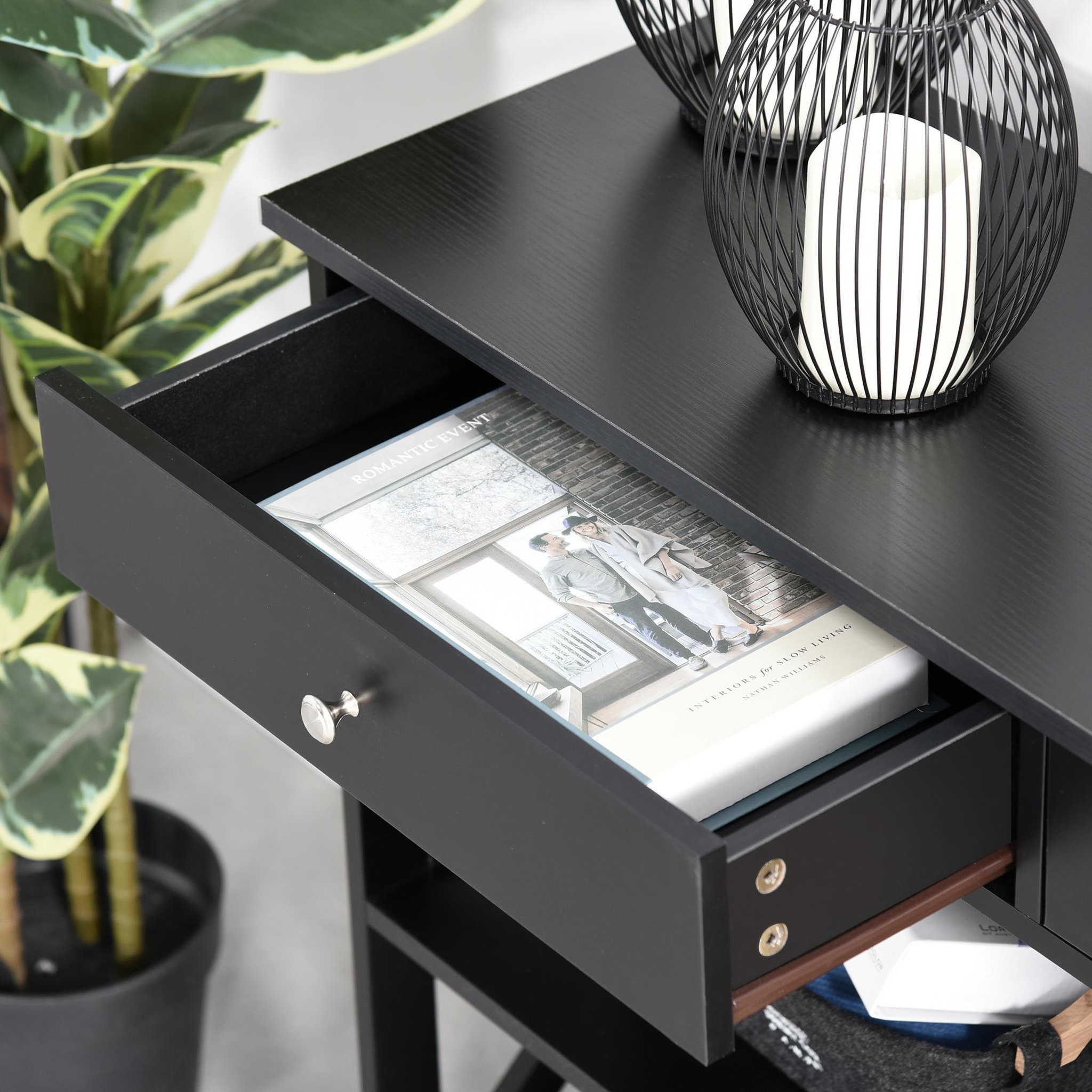 Voir la diapositive 5 : HOMCOM Console style table de drapier néo-rétro 2 tiroirs 2 étagères dim. 100L x 30l x 80H cm MDF noir