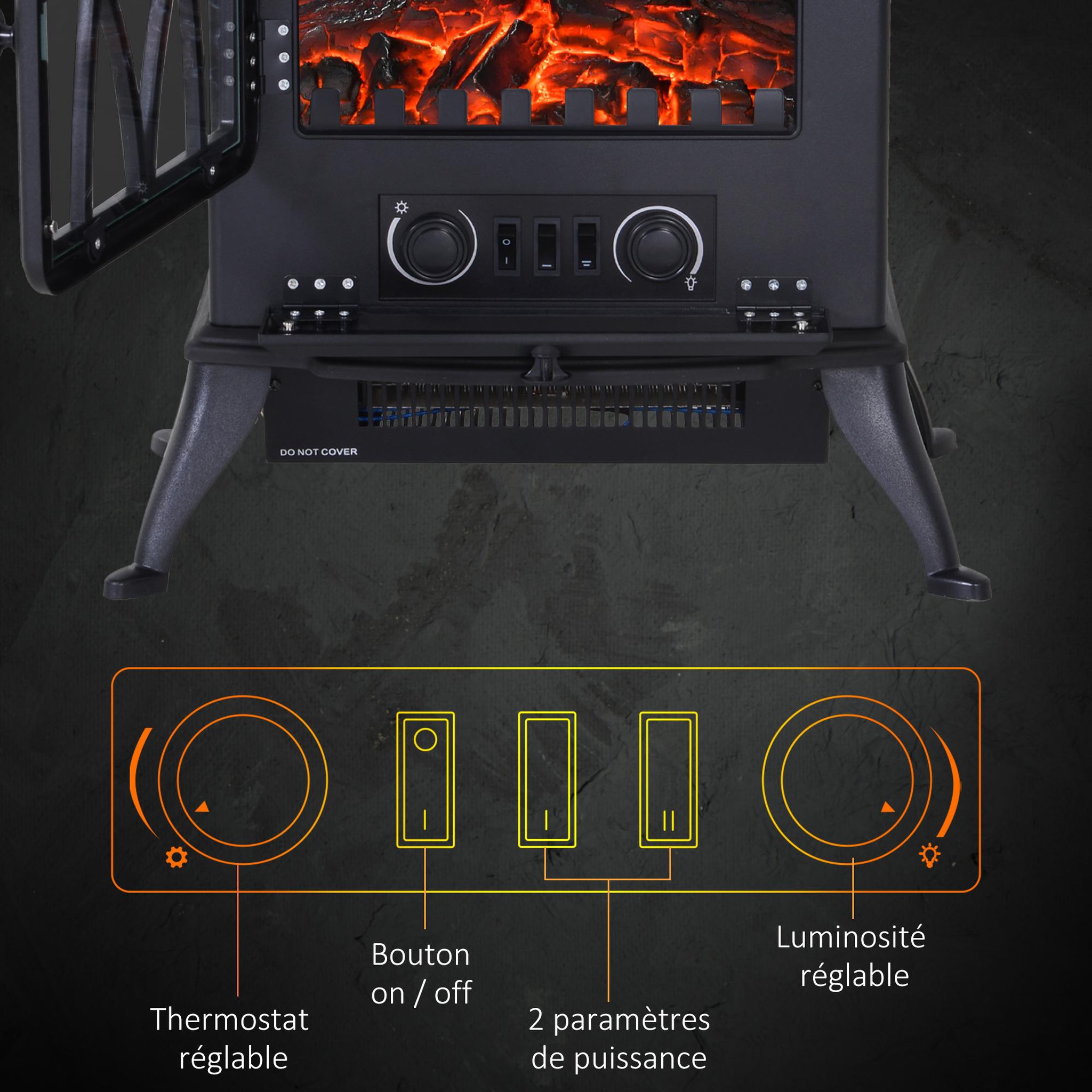 Voir la diapositive 6 : HOMCOM Cheminée électrique poêle style rétro thermostat 1000-2000 w noir