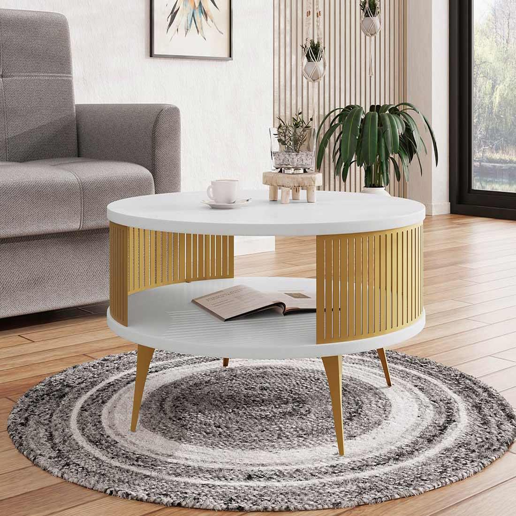 Voir la diapositive 3 : BEST MOBILIER Forini - table basse ronde - blanc et doré - 1 niche - 75 cm