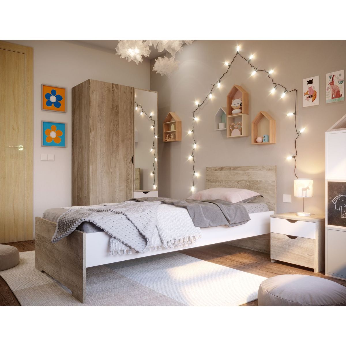 Armoire 2 portes 2 tiroirs et miroir AUGUSTINE